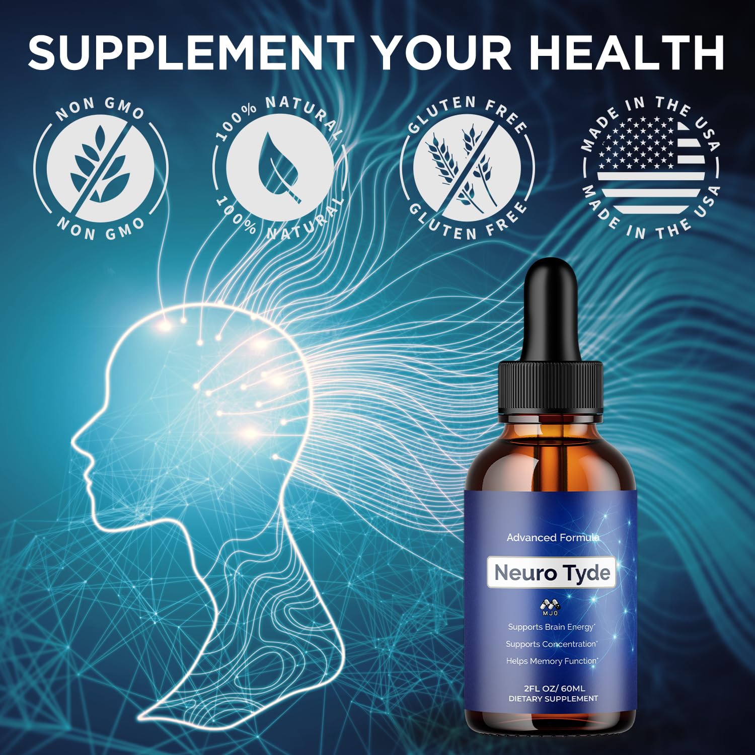 MJO Neuro Tyde Drops junto a plantas, ventaja ingredientes naturales visibles