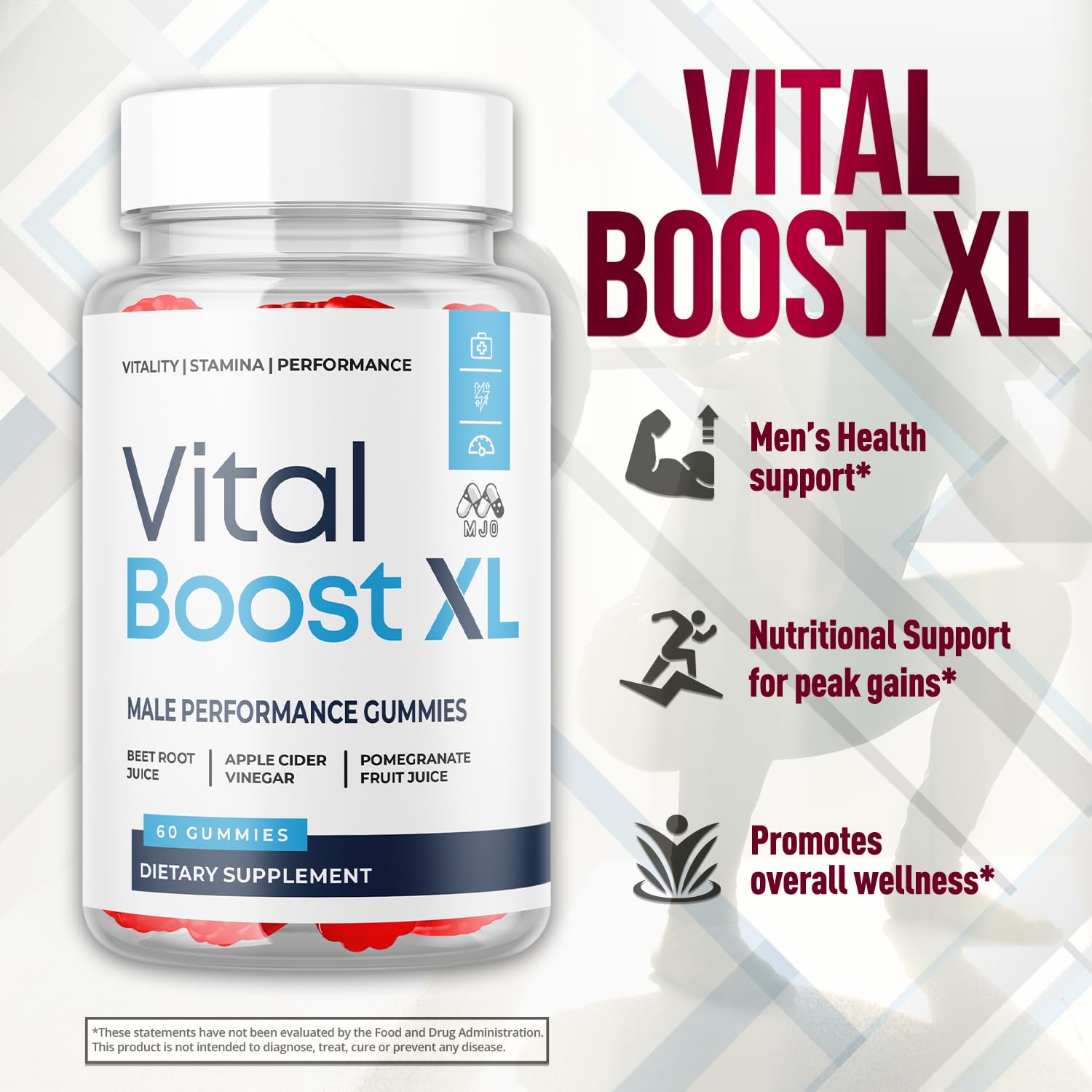 MJO botella abierta con gomitas Vital Boost XL, fácil consumo diario