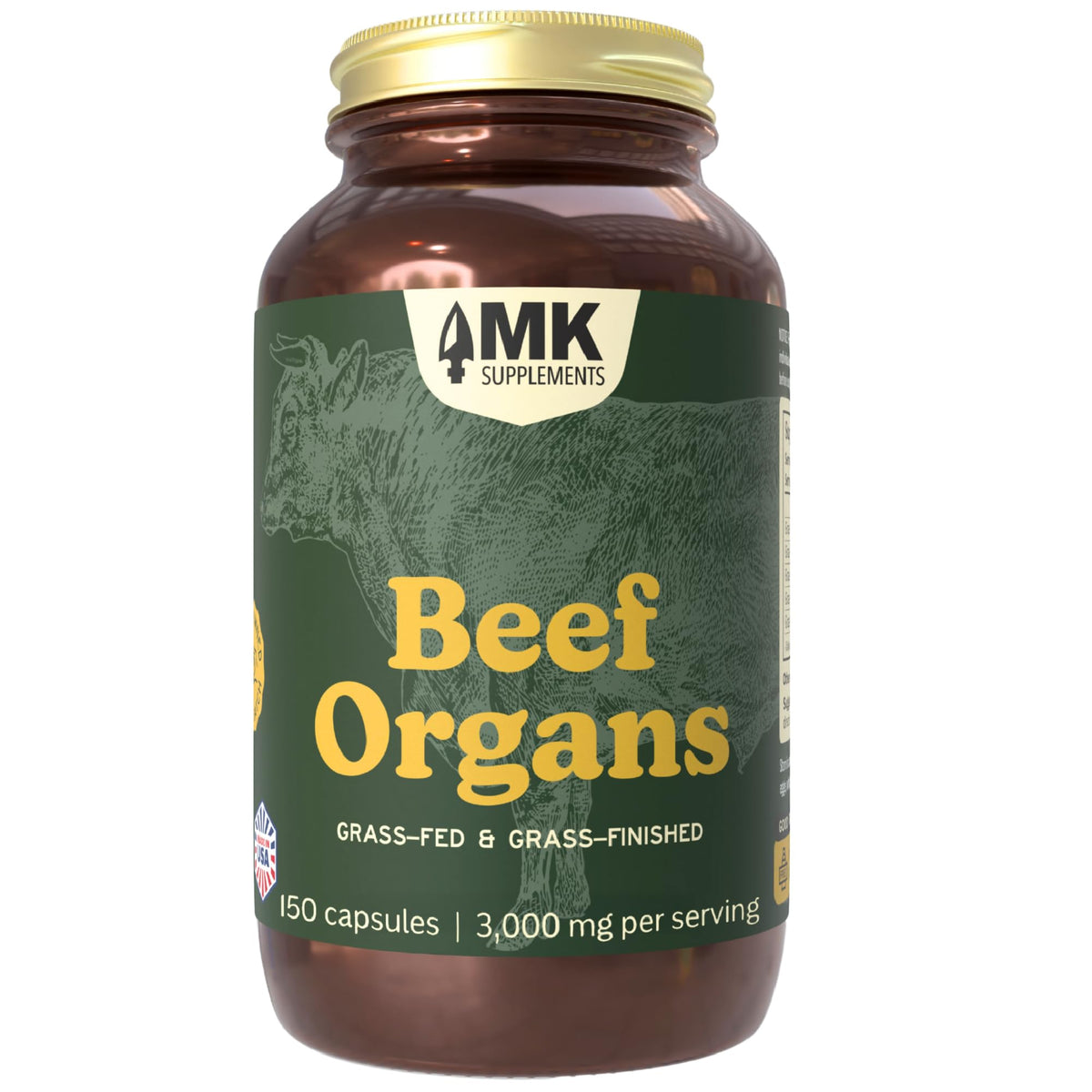 MK Supplements envase frontal mostrando 150 cápsulas y beneficios