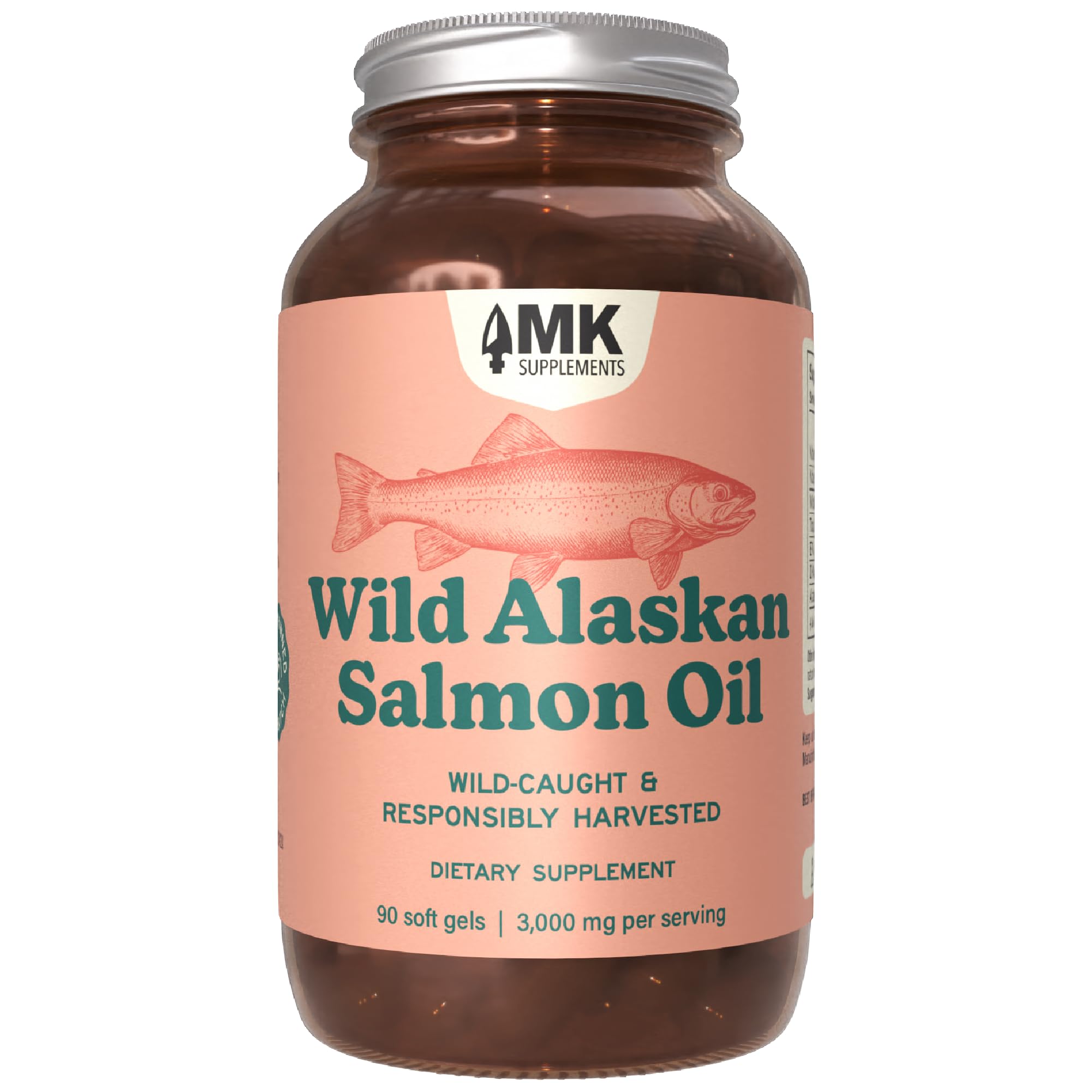 MK Supplements envase frontal mostrando sello de Sockeye y contenido beneficioso