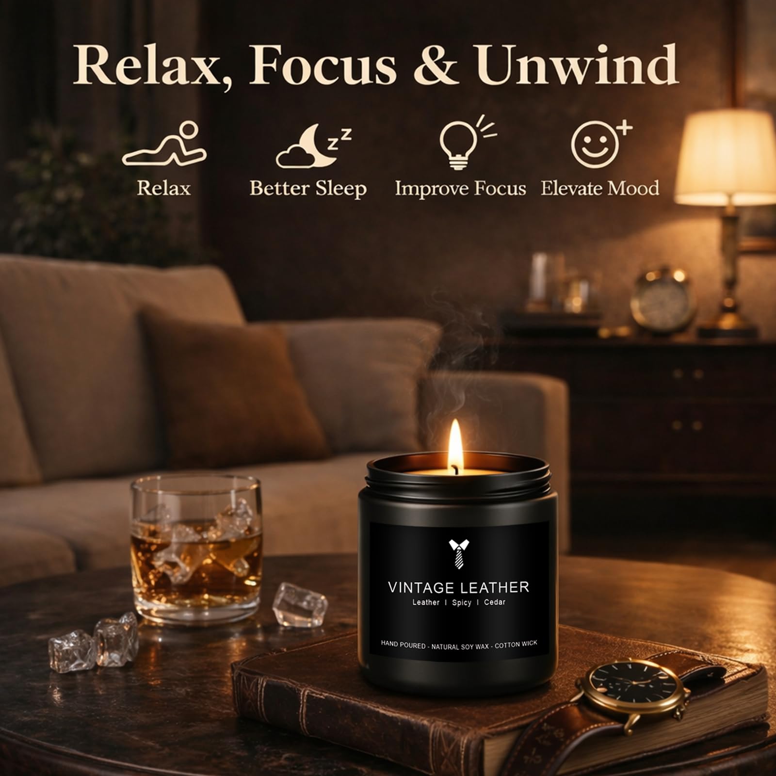 MKCLDE vela con fragancia cuero encendida para ambiente cálido