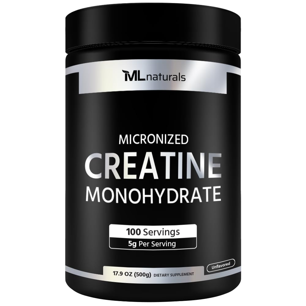 ML Naturals envase frontal de creatina 500 g, visibilidad clara del producto y marca