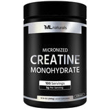 ML Naturals envase frontal de creatina 500 g, visibilidad clara del producto y marca