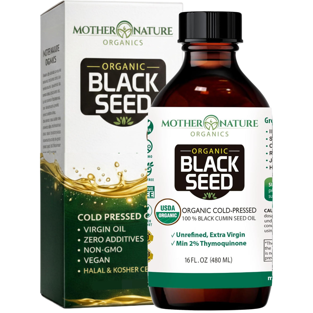 Mother Nature Organics botella frontal con aceite negro orgánico, presentación clara