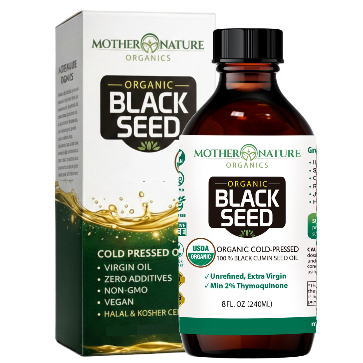 Mother Nature Organics botella frontal con aceite de semilla negra, pureza orgánica