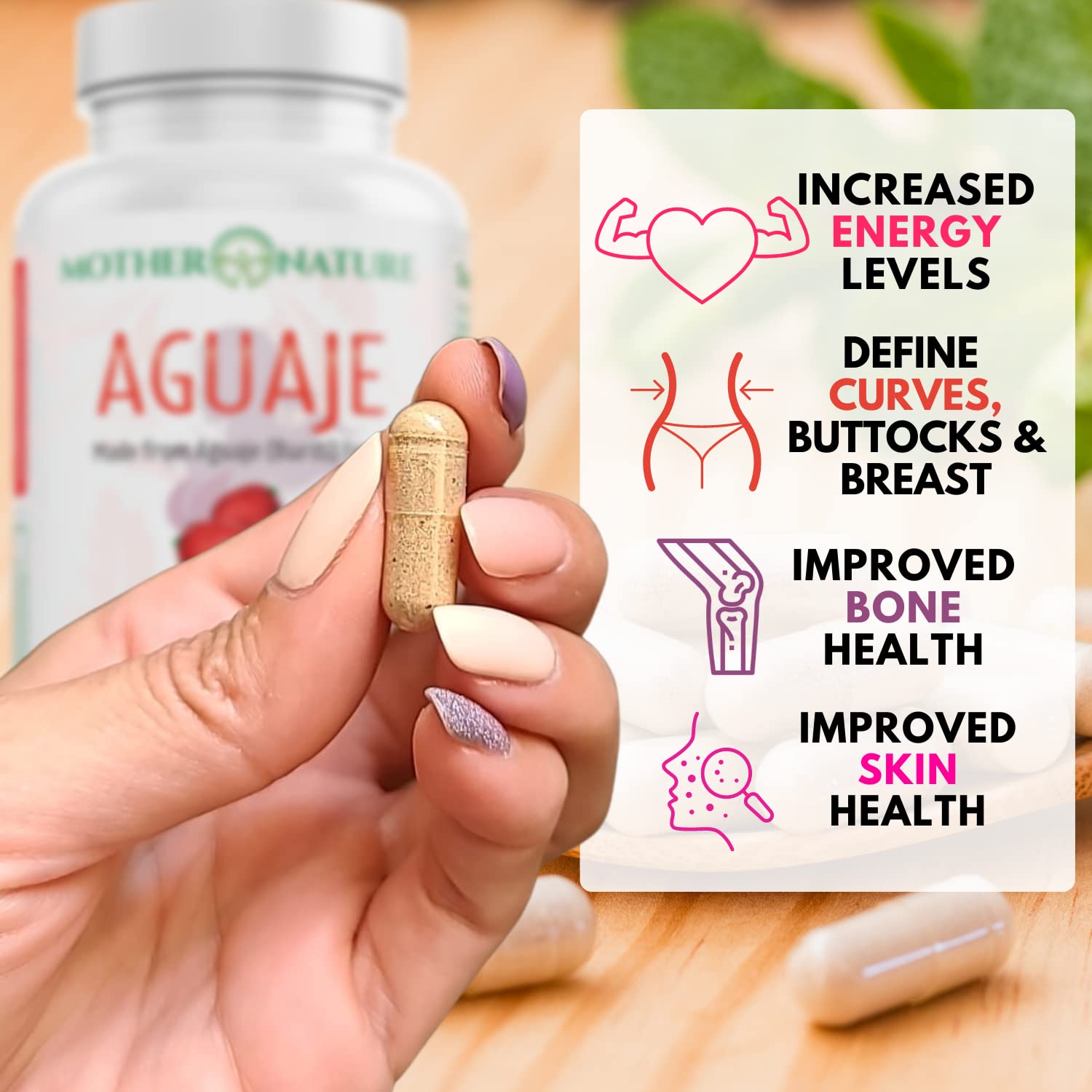 Mother Nature Organics etiqueta con información y certificaciones GMP y vegana