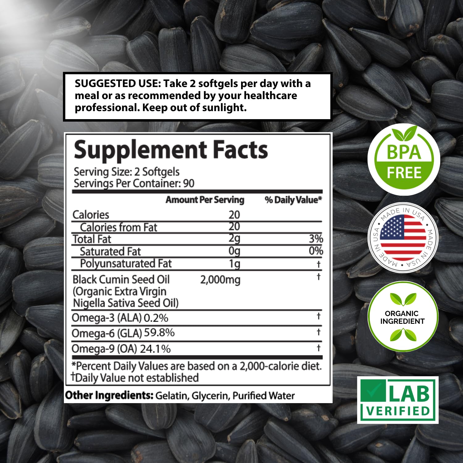 Mother Nature Organics etiqueta con información de 2000 mg y estandarizado 2% TQ