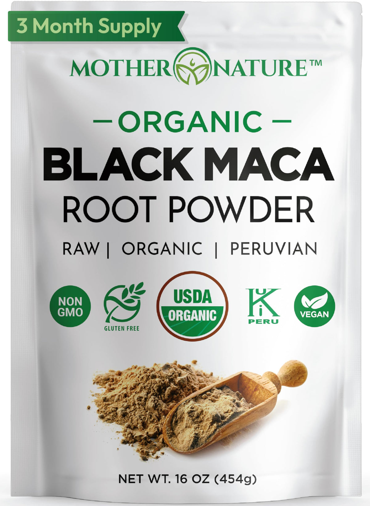 Mother Nature Organics - frontal del envase de maca negra 16oz mostrando la marca y beneficios