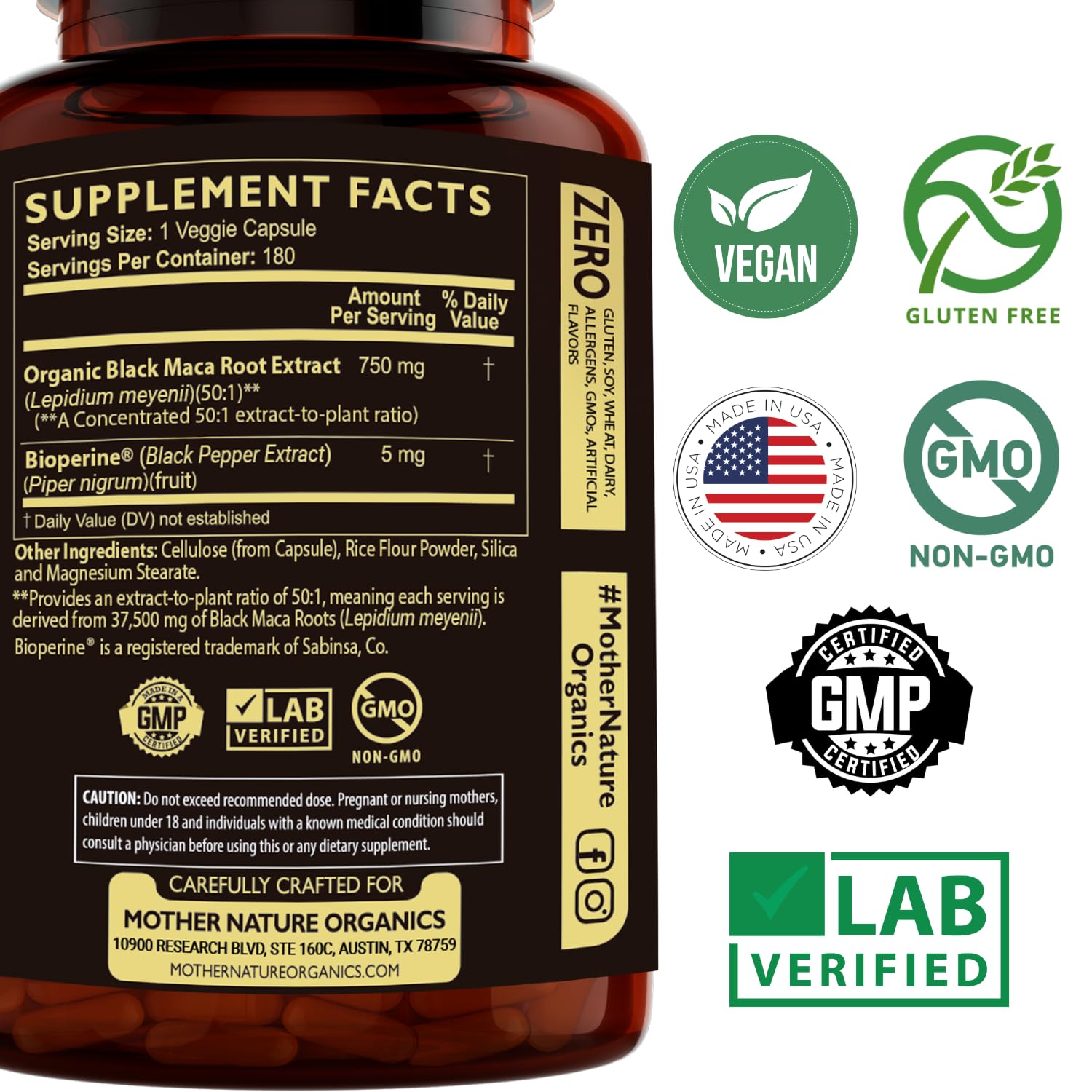 Cápsula de MNO Organic Raw Black Maca en mano para comparar tamaño y facilidad de uso