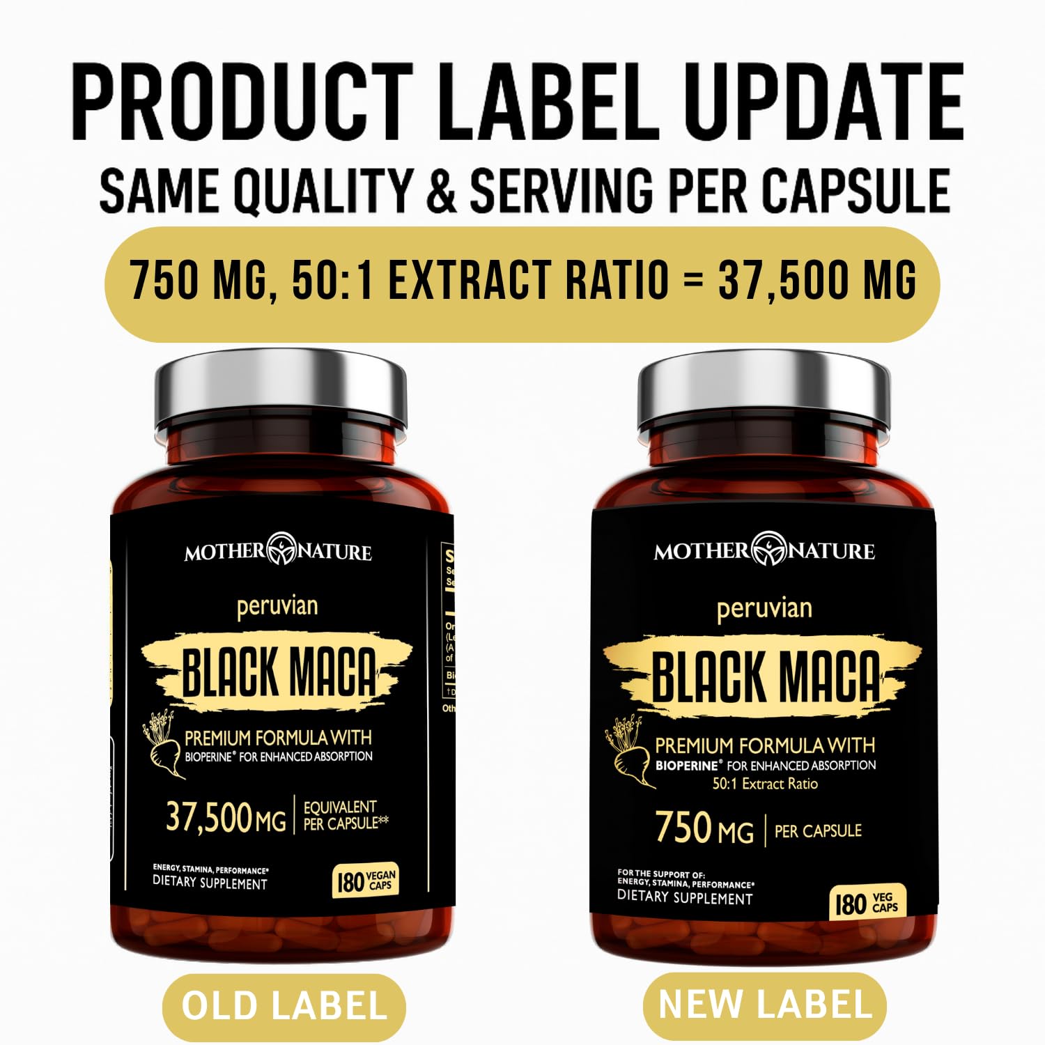 Close-up cápsulas de MNO Organic Raw Black Maca para apreciar su tamaño y fácil de tragar