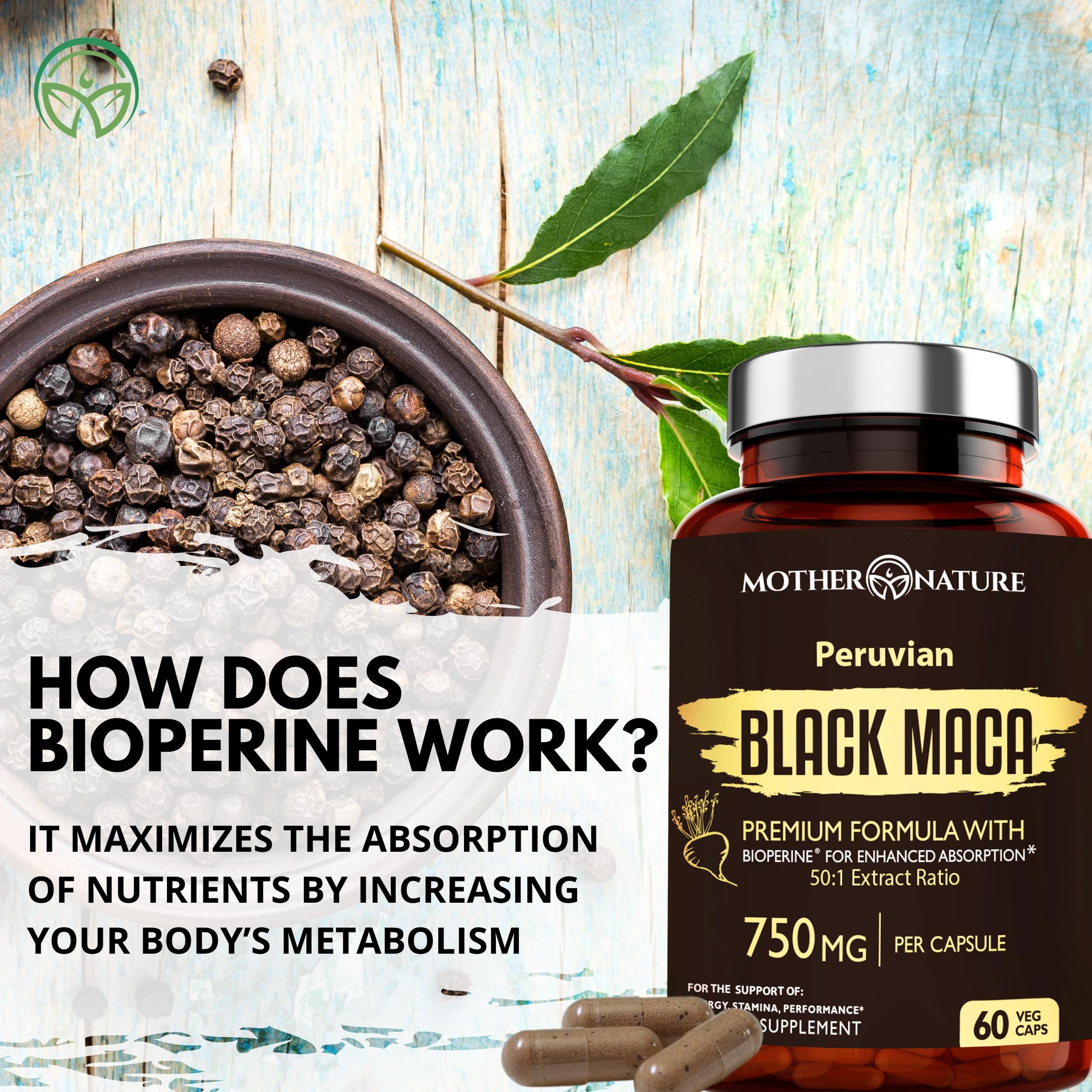 Mother Nature Organics Superfoods cápsula frente a mano para escala y tamaño