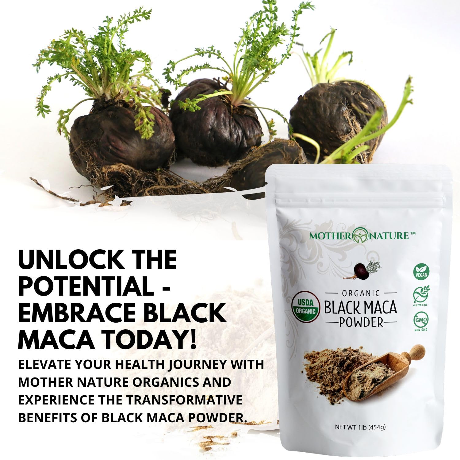 Mother Nature Organics - polvo de maca negra incorporado en receta saludable de cocina