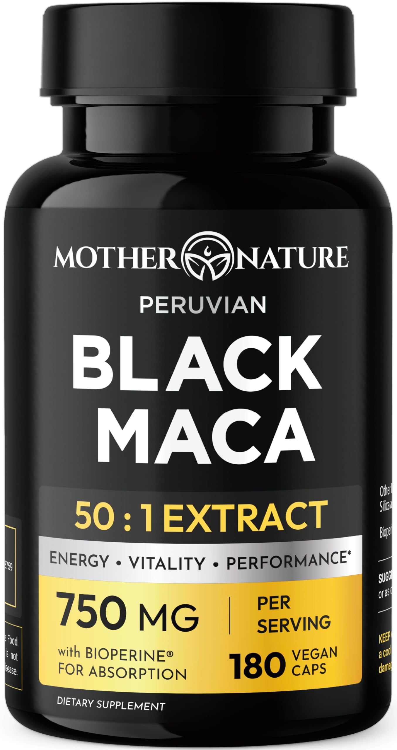 Mother Nature Organics frasco de MNO Organic Raw Black Maca frontal mostrando etiqueta clara y beneficios