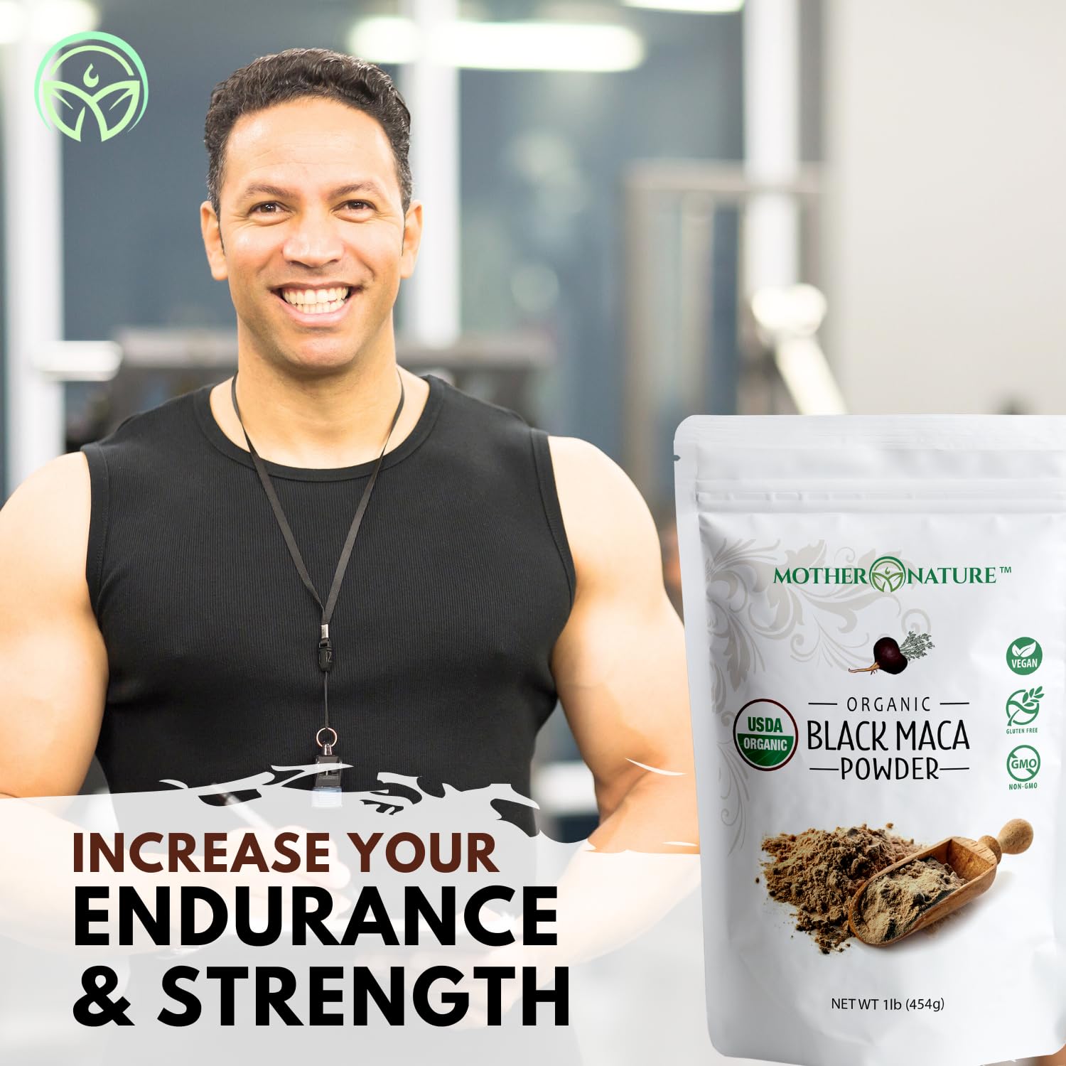 Mother Nature Organics - textura del polvo de maca negra cruda, ideal para mezclar en batidos