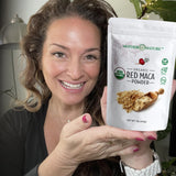 Mother Nature Organics cuchara con maca roja dosificación práctica