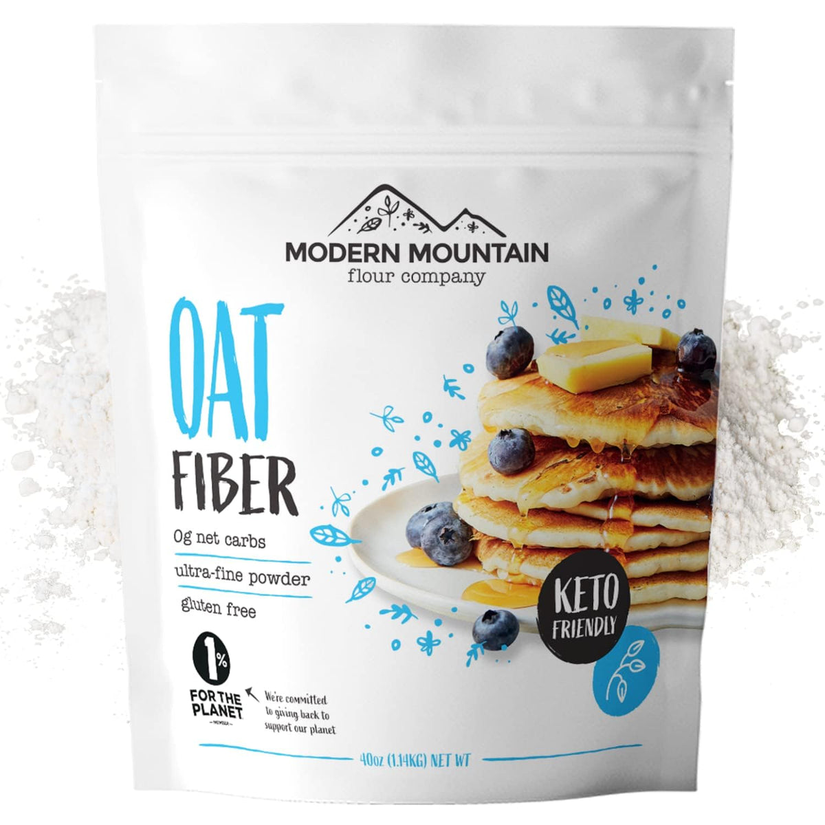 MODERN MOUNTAIN envase frontal mostrando fibra de avena y beneficios