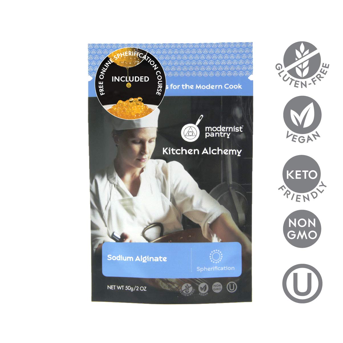 Modernist Pantry primer plano del polvo de alginato que facilita gelificación controlada