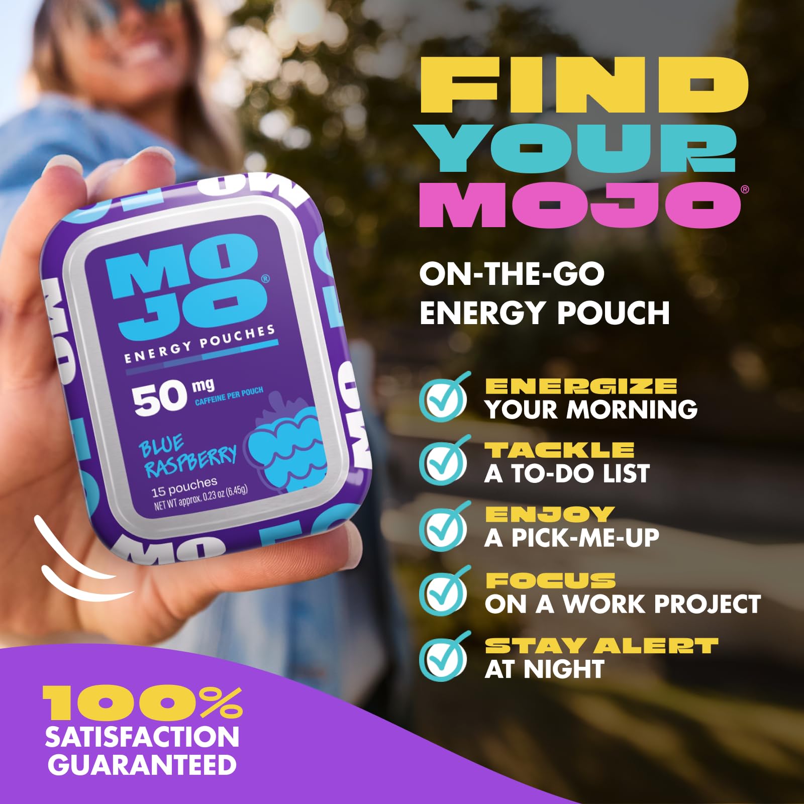 MOJO pouch comparada con una taza de café para equivalencia de cafeína