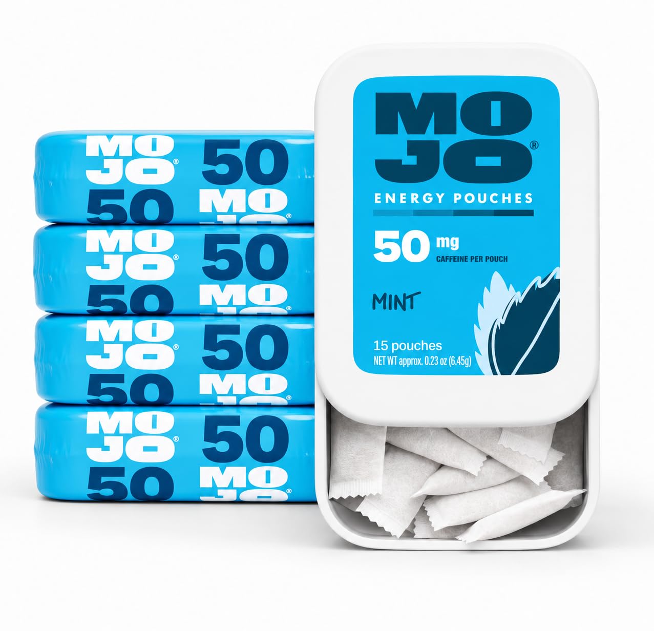 MOJO empaque frontal menta mostrando diseño y portabilidad