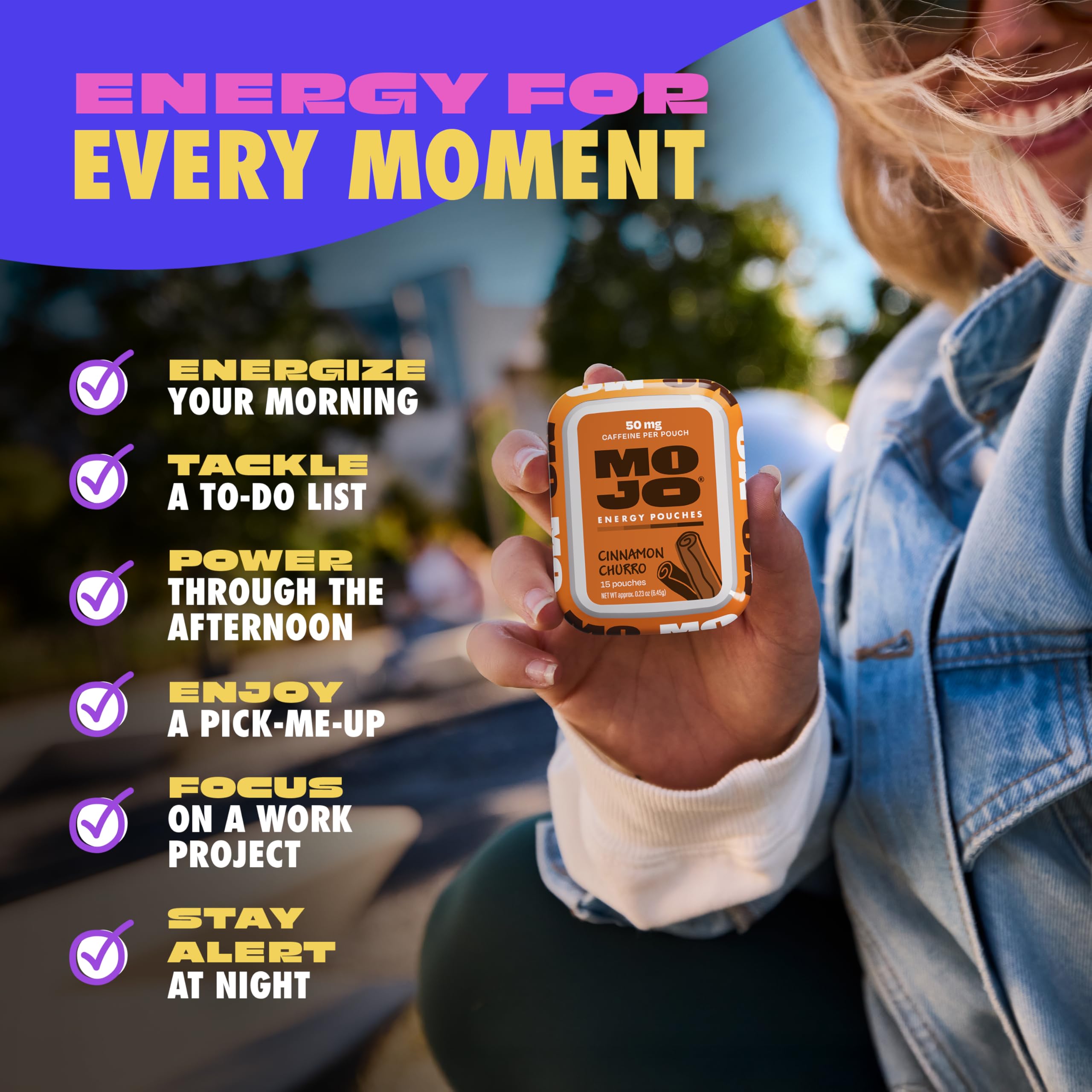MOJO etiqueta de ingredientes indicando vitaminas y cafeína natural