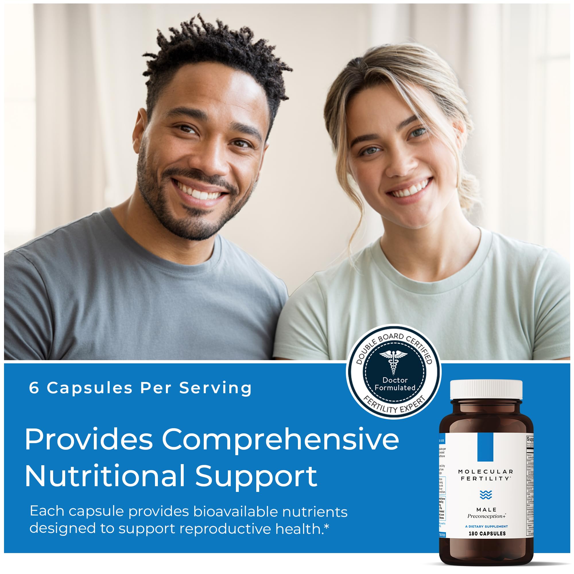 Molecular Fertility close‑up de cápsula con CoQ10 resaltando energía mitocondrial