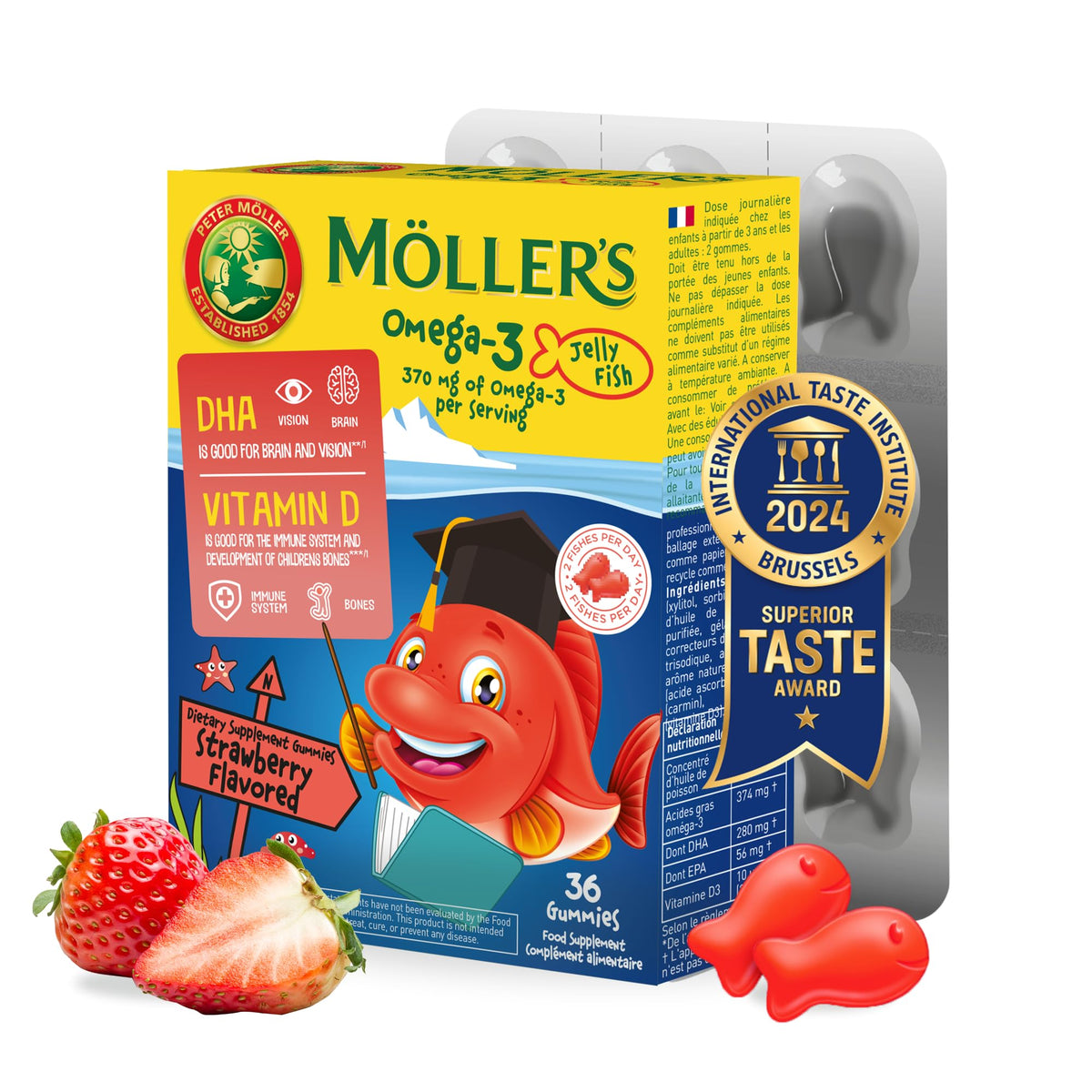 MÖLLER'S envase frontal mostrando cápsulas y beneficio omega-3