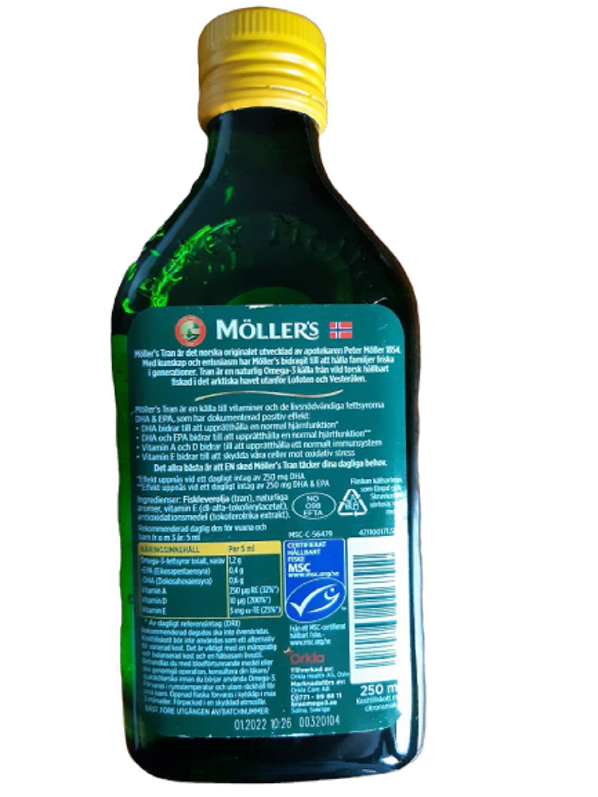 MÖLLER'S etiqueta con información nutricional y vitaminas A D E destacadas