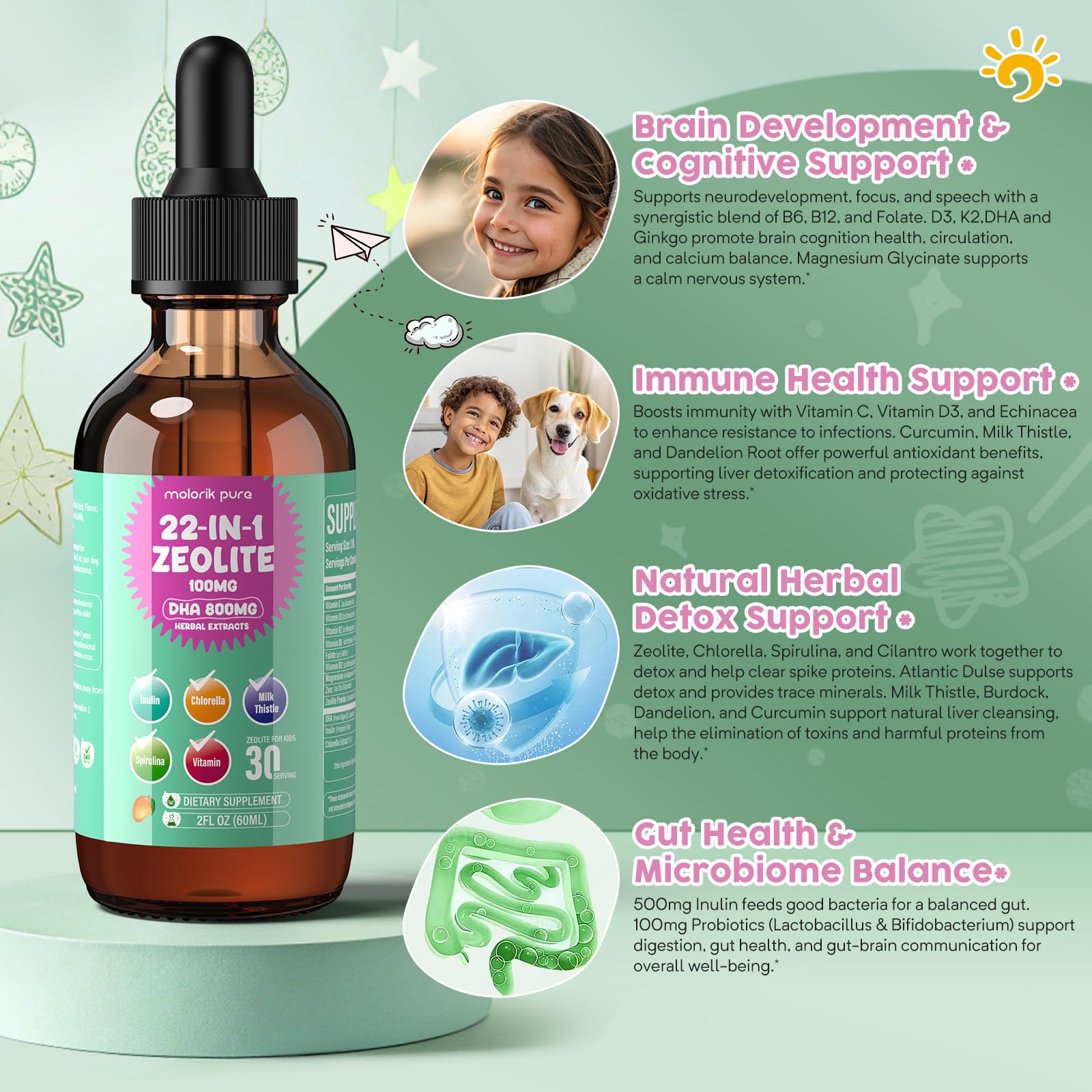 molorik pure ingredientes como zeolita, DHA y hierbas para soporte diario