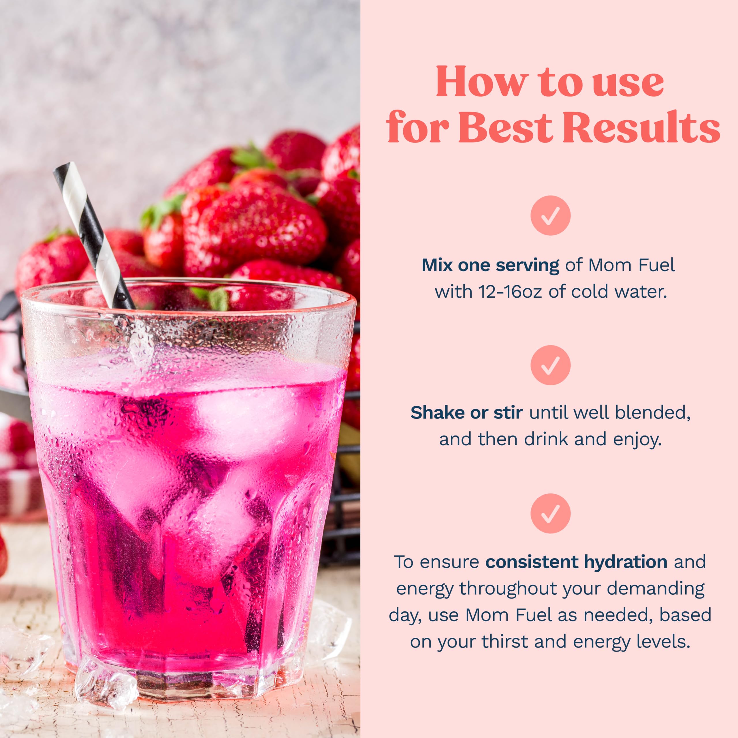 Vaso con Mom Fuel preparado que muestra aspecto refrescante y rápida rehidratación