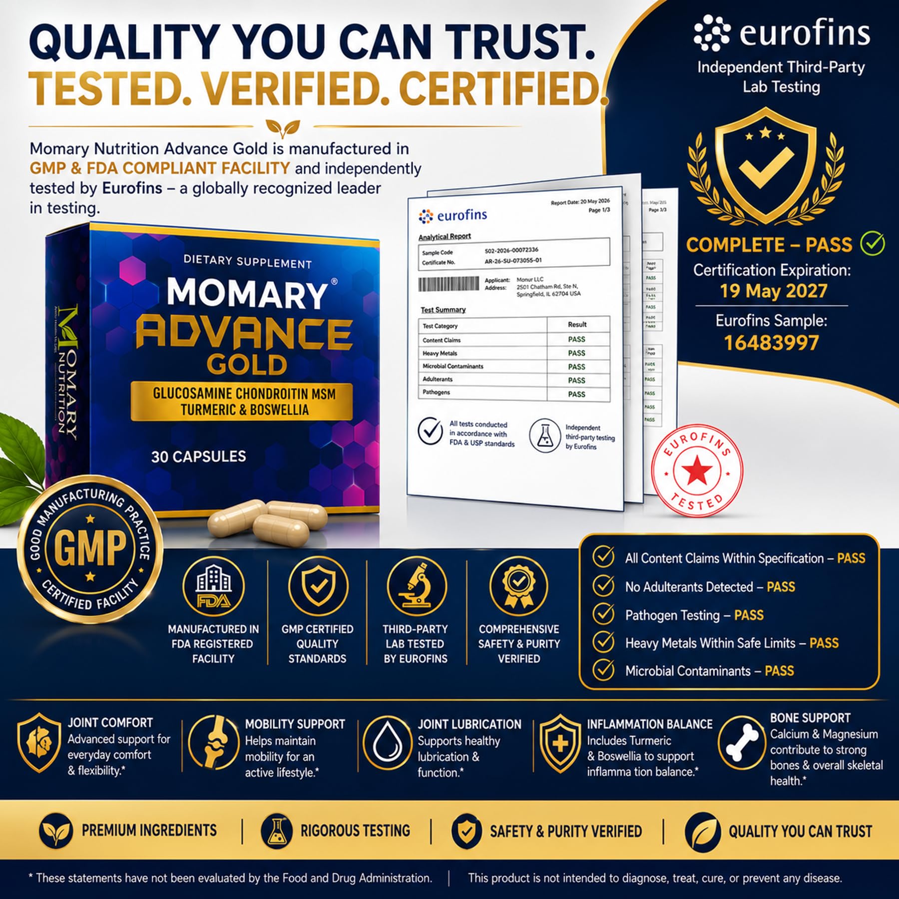 MOMARY NUTRITION etiqueta y número de lote que evidencia pruebas de terceros