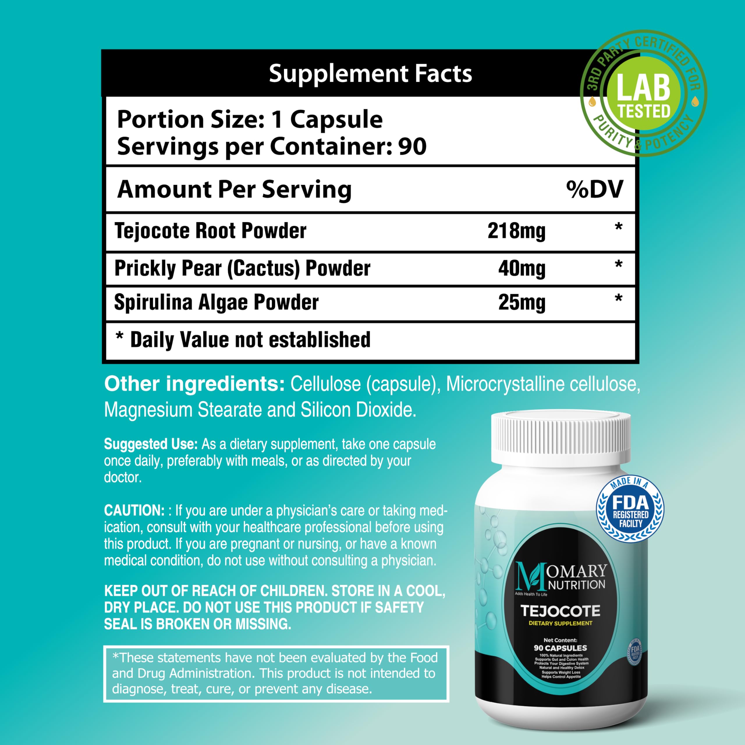 MOMARY NUTRITION detalle de etiqueta con ingredientes y pruebas de terceros