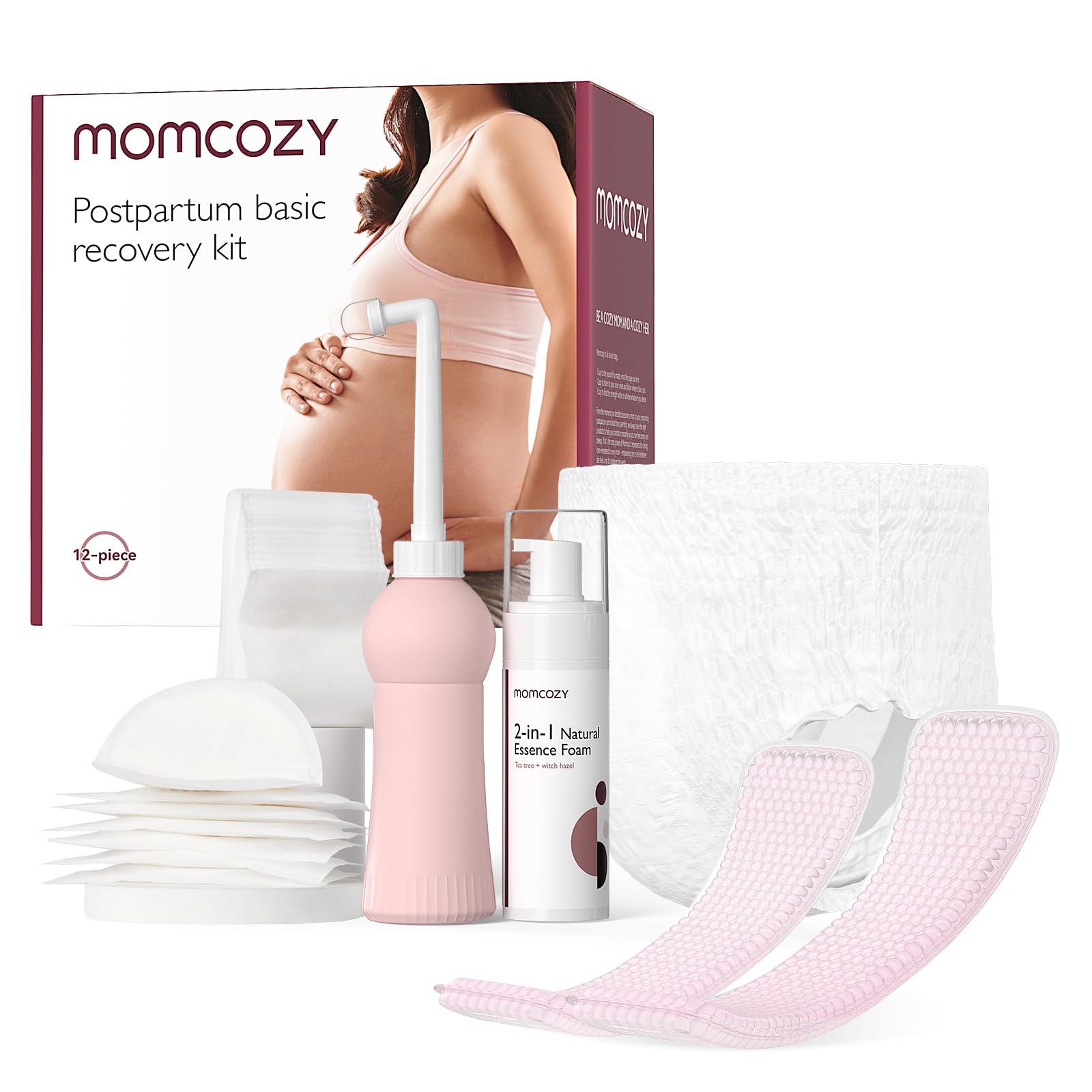 Momcozy empaque frontal del kit postparto mostrando todos los artículos para comodidad inmediata