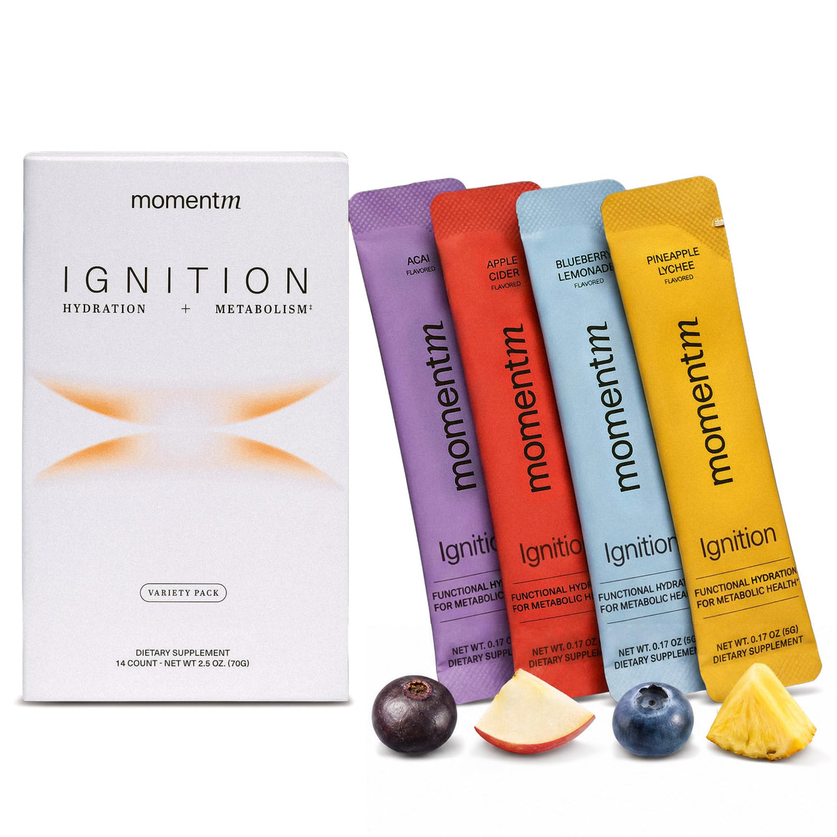 momentM caja frontal muestra variedad de sabores y beneficios funcionales