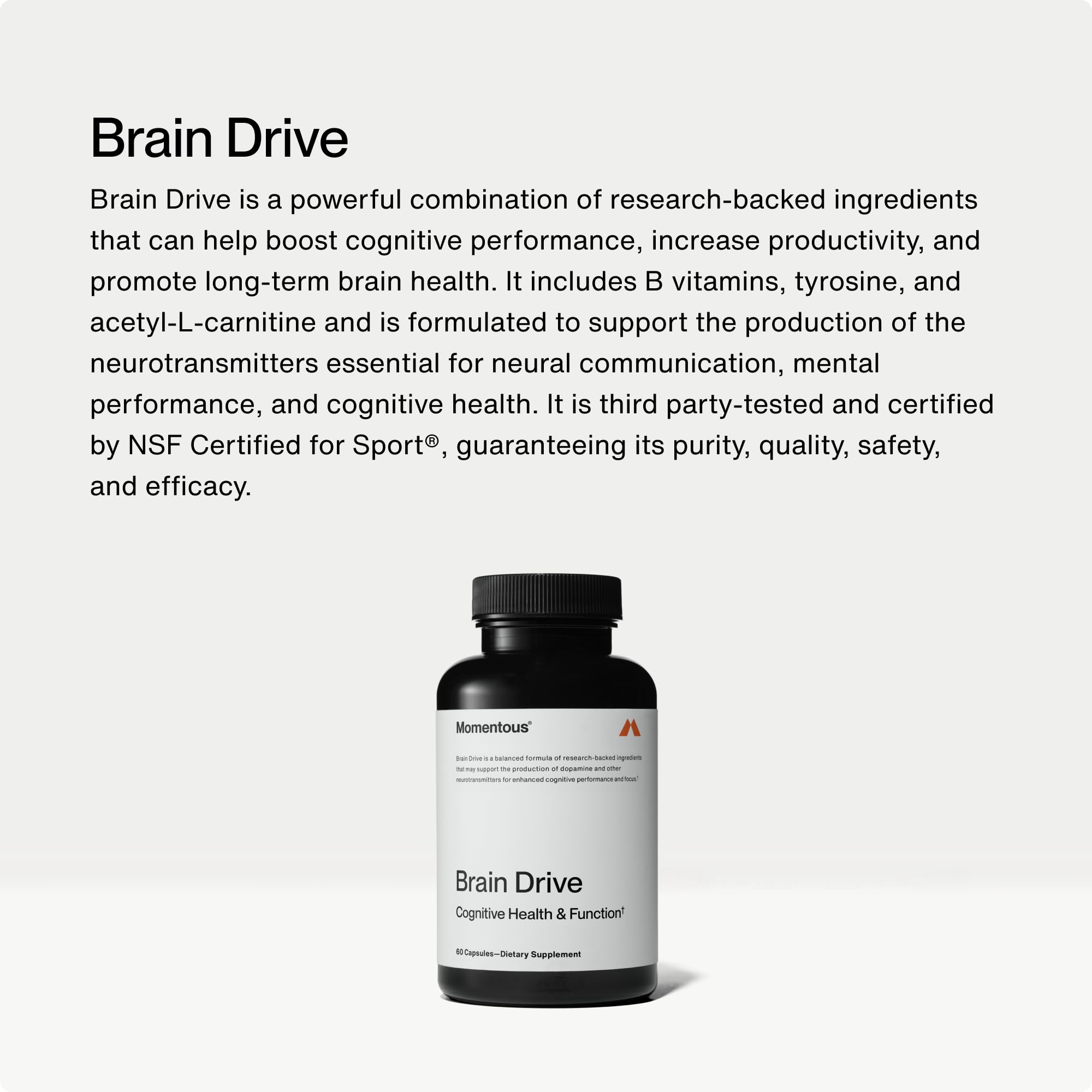 Momentous Brain Drive etiqueta con ingredientes y beneficios comprobables para enfoque