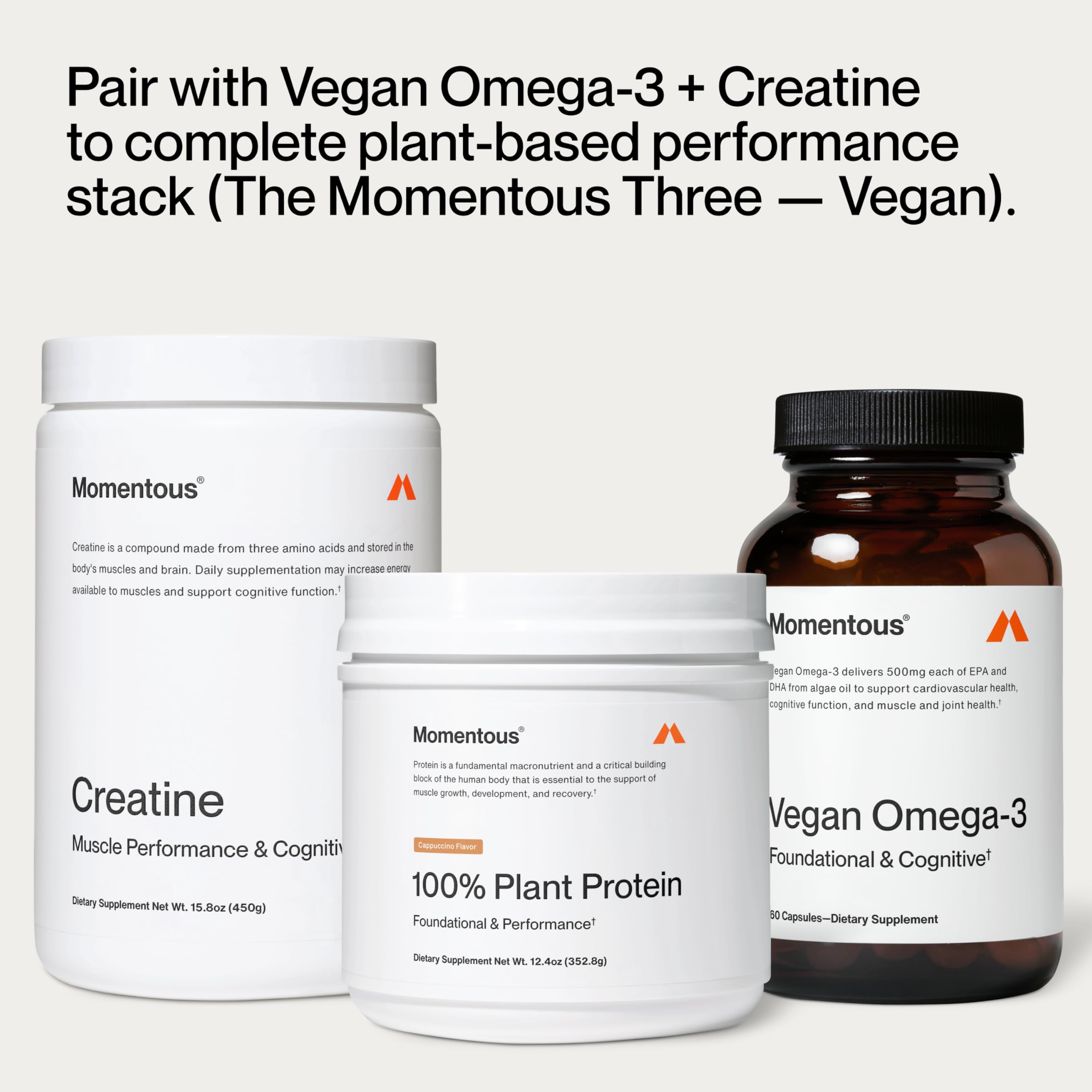Momentous etiqueta nutricional visible, información clara de 20 g proteína por porción