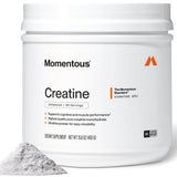 Momentous envase frontal que muestra creatina pura y volumen