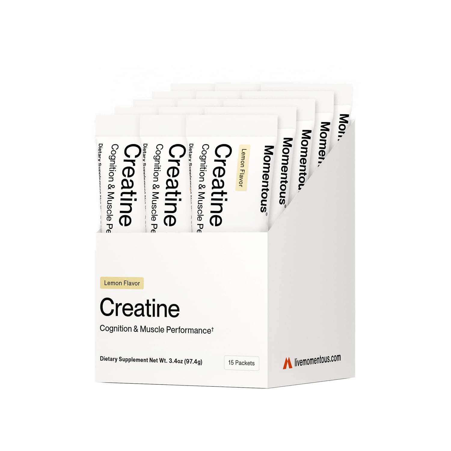 Momentous creatina monohidrato envase frontal con diseño claro y beneficio de confianza