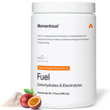 Momentous Fuel frontal del envase mostrando sabor Passion Orange Guava y beneficios de energía