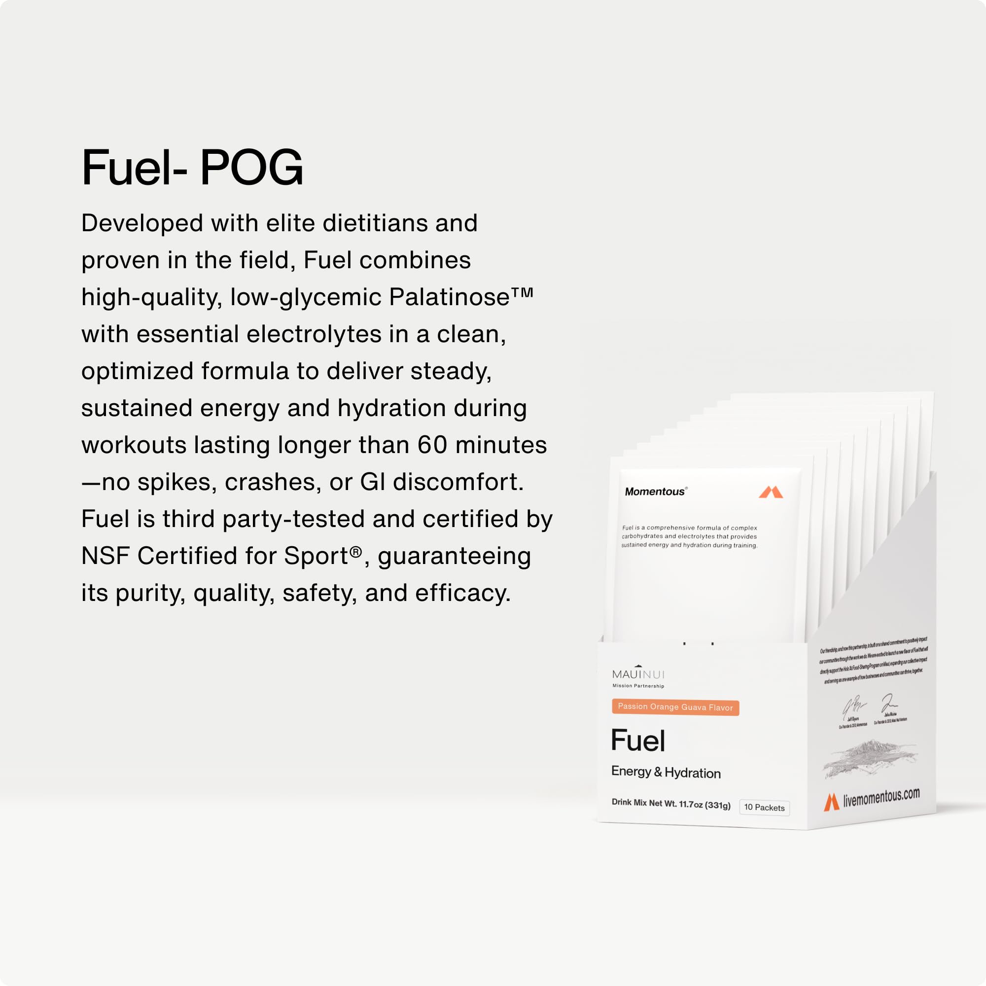 Polvo Momentous Fuel en primer plano que muestra textura fina y mezcla homogénea