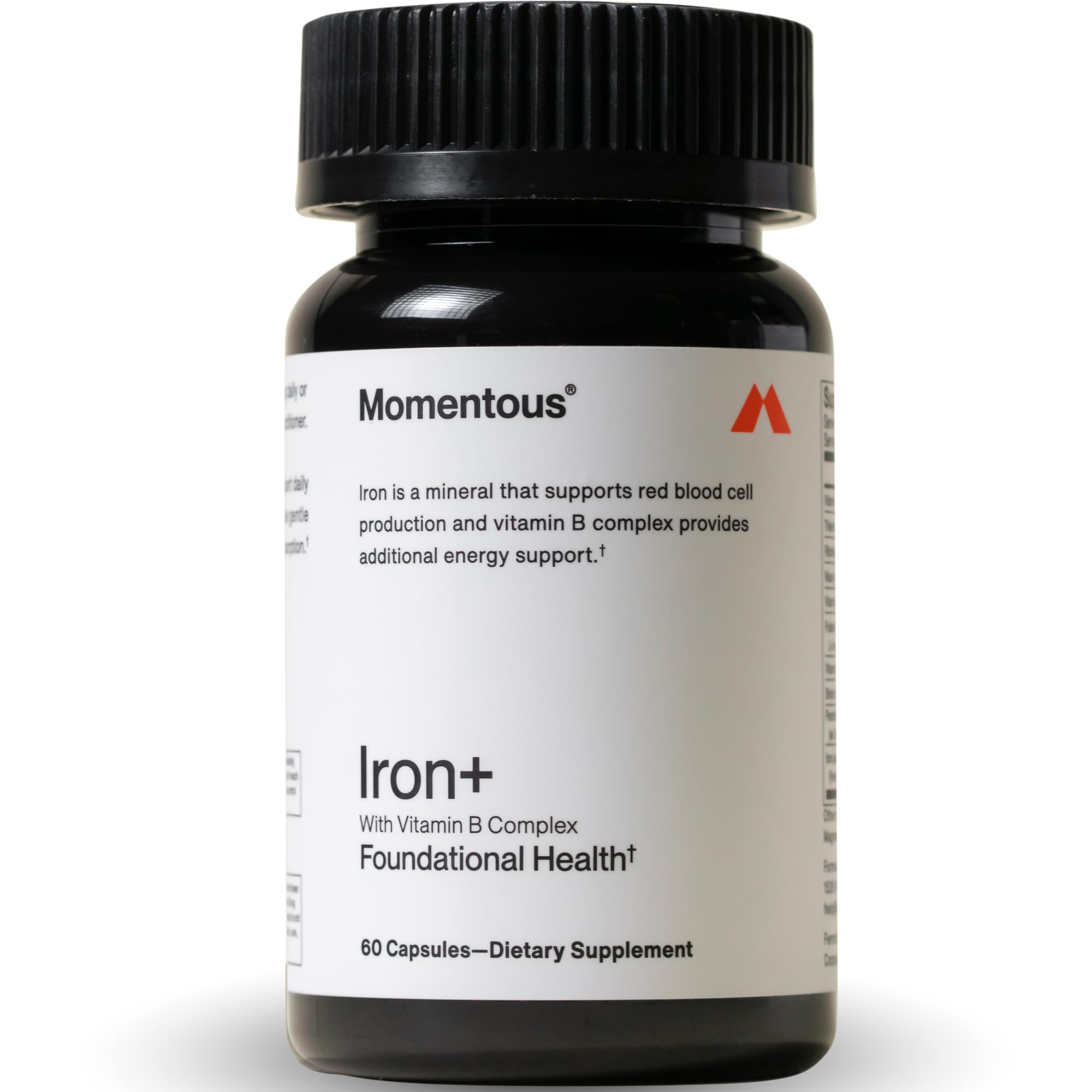 Momentous envase frontal de Iron+ mostrando diseño y beneficio energía
