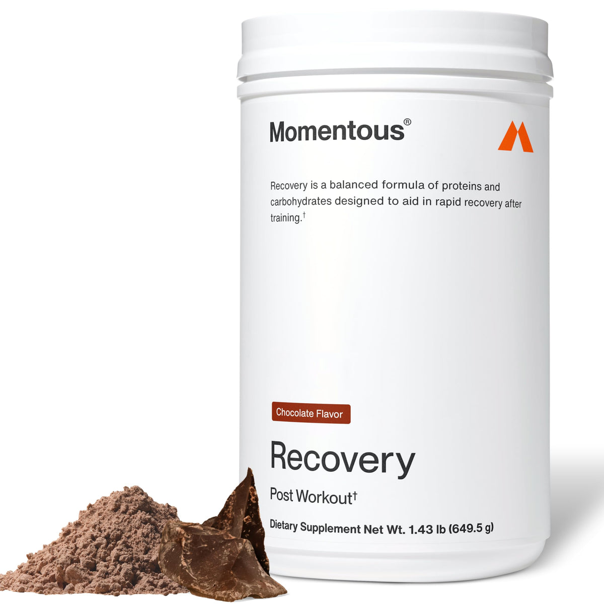 Momentous empaque frontal chocolate mostrando beneficio recuperacion rapida