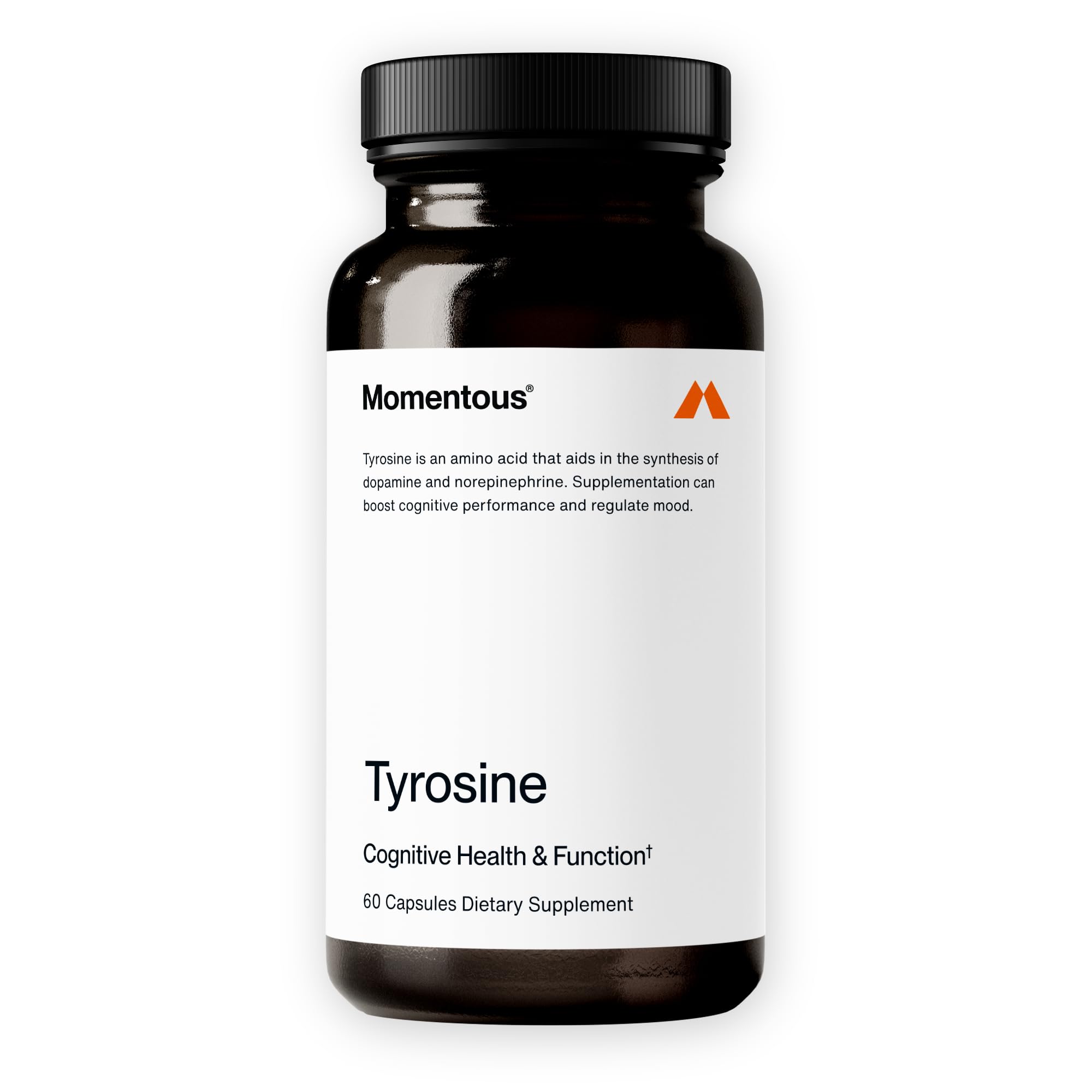 Momentous Tyrosine frente del envase mostrando diseño y cantidad de 60 porciones, confianza deportiva