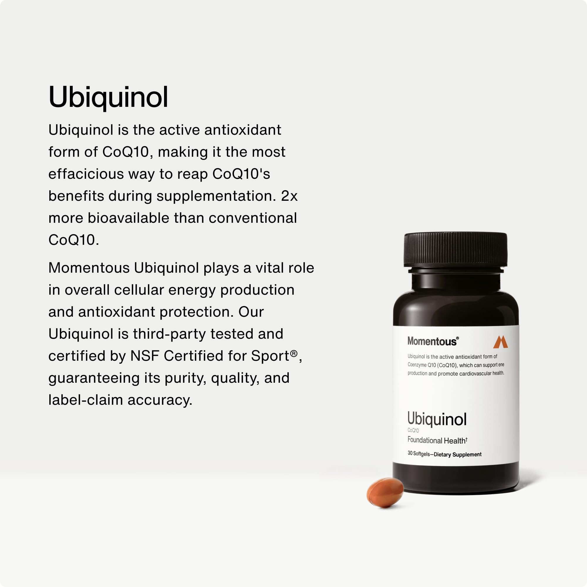 Momentous ubiquinol cápsula blanda detalle de textura y solubilidad
