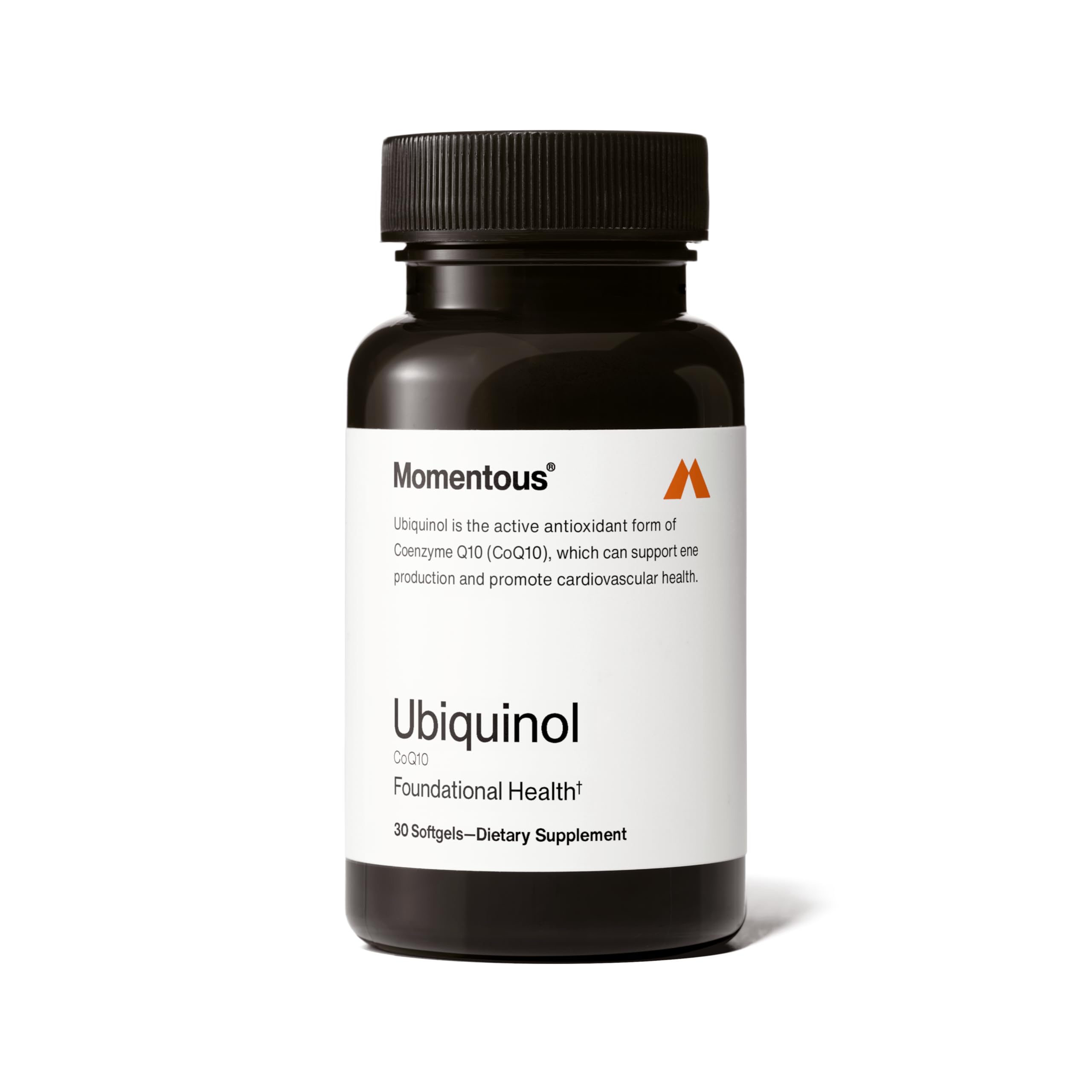 Momentous ubiquinol empaque frontal mostrando diseño y beneficios