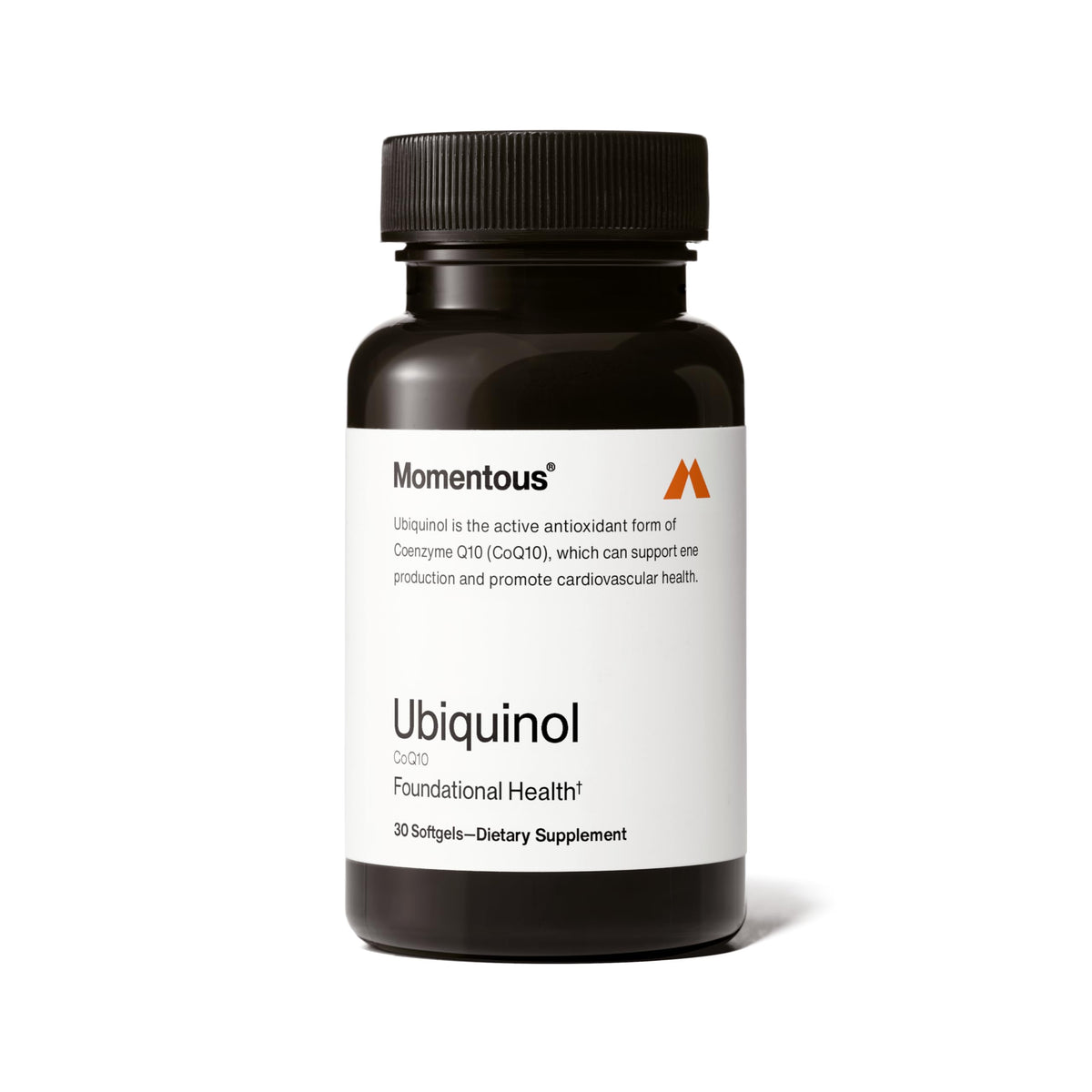 Momentous ubiquinol empaque frontal mostrando diseño y beneficios