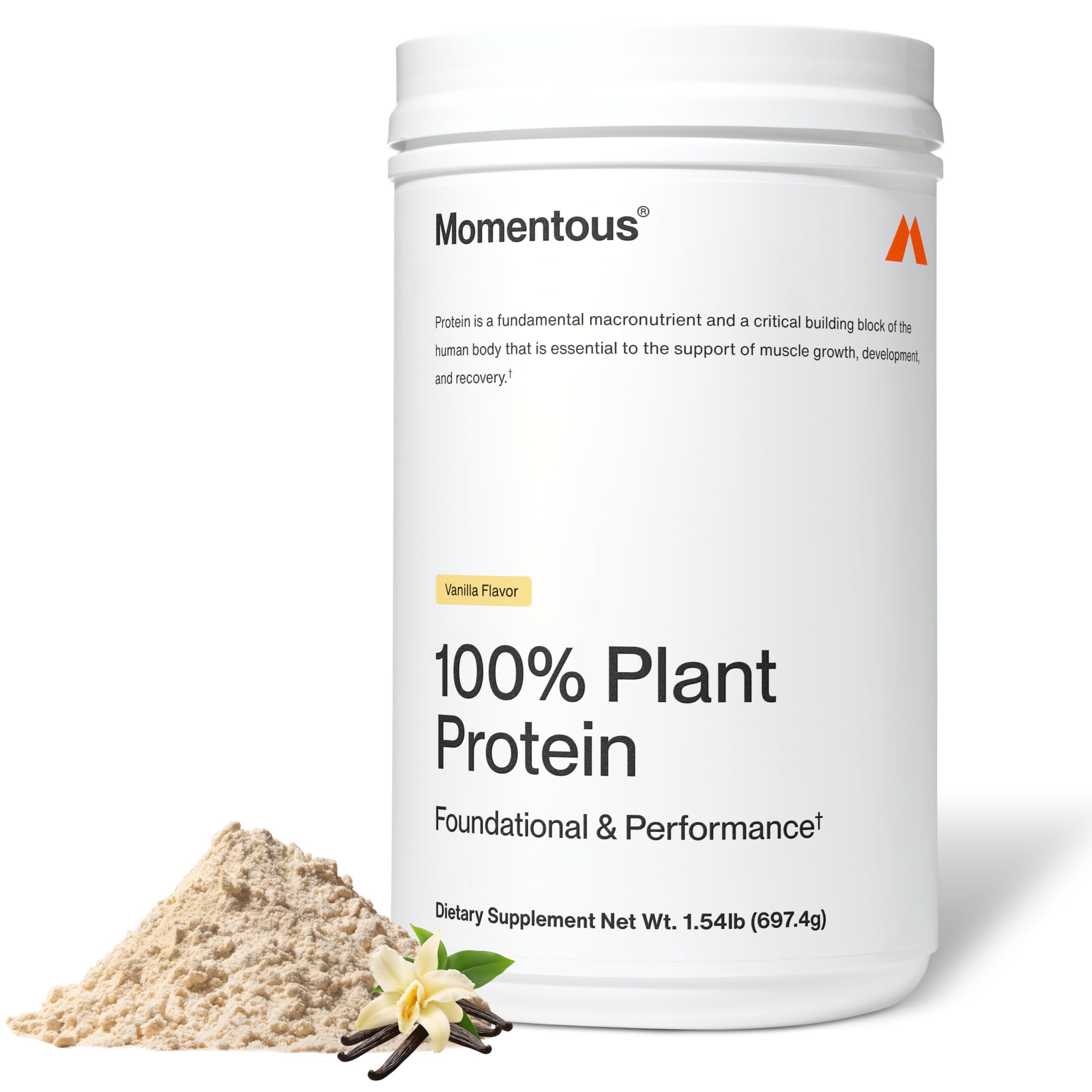 Momentous envase frontal vainilla mostrando diseño y beneficio de 20 g proteína