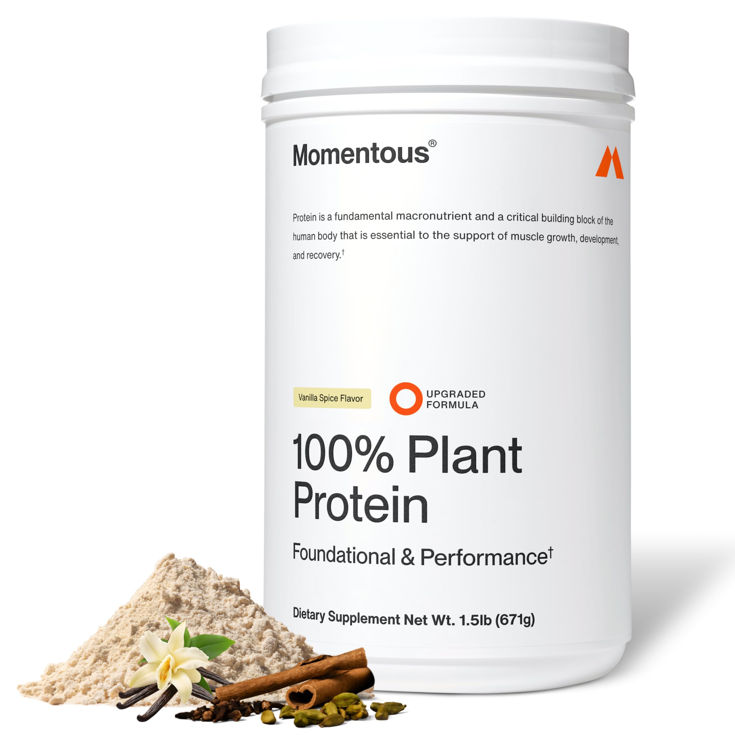 Momentous envase Vainilla Spice frente mostrando la marca y beneficio proteico