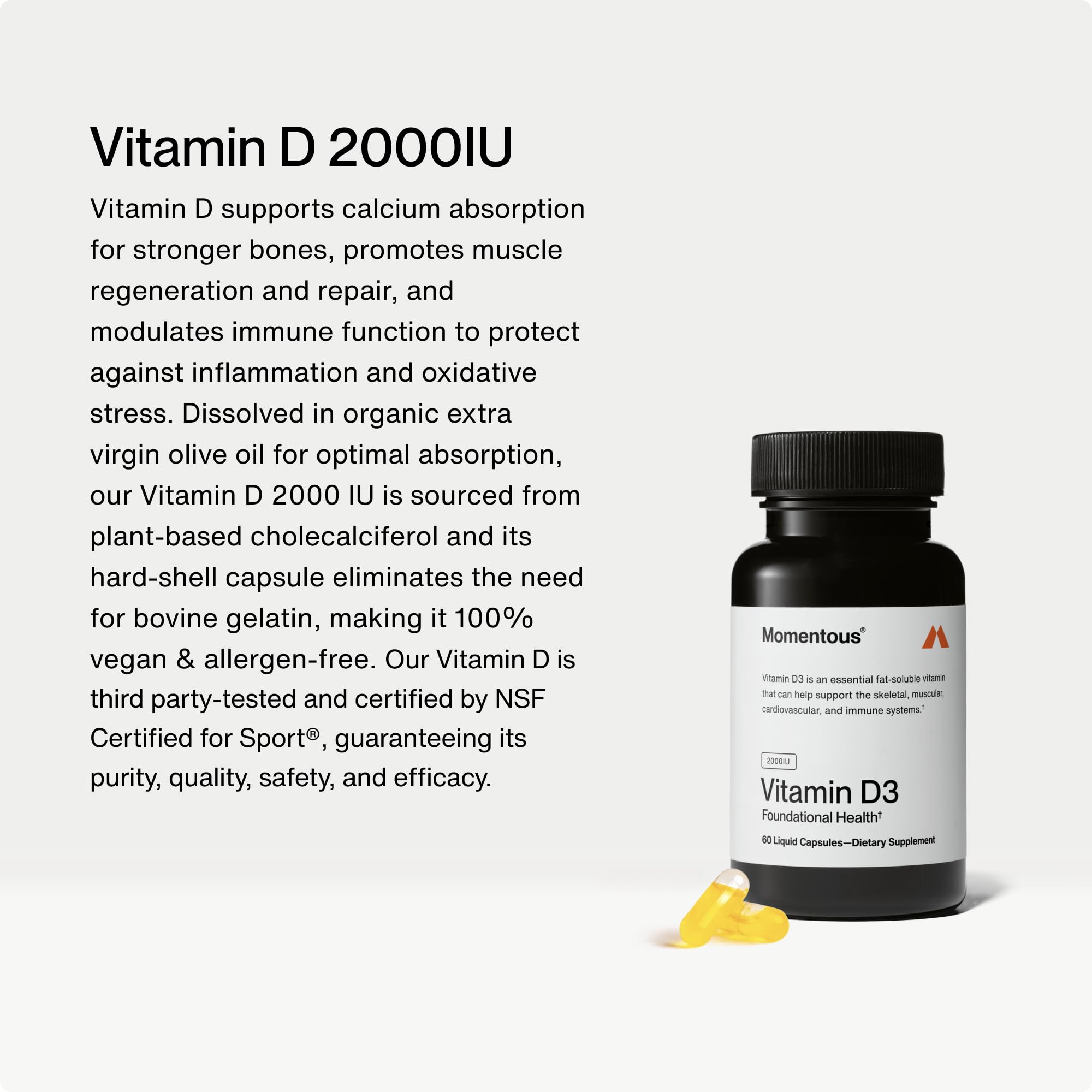 close-up de cápsulas Momentous Vitamin D3 que destaca textura y pureza