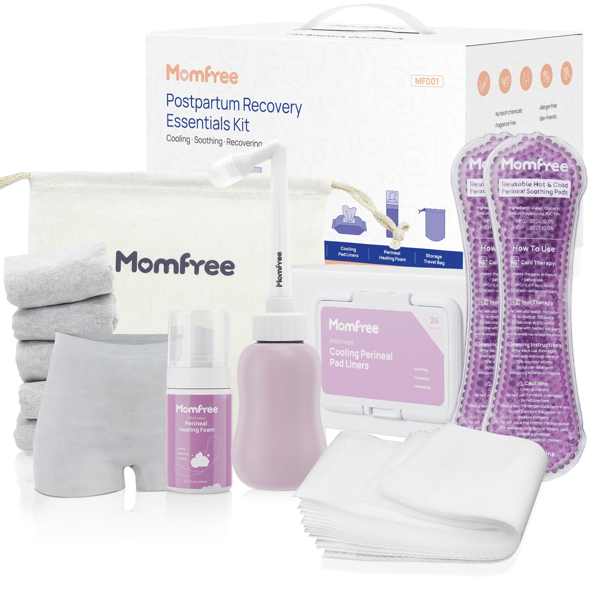 Momfree kit frontal mostrando todos los componentes para recuperación posparto