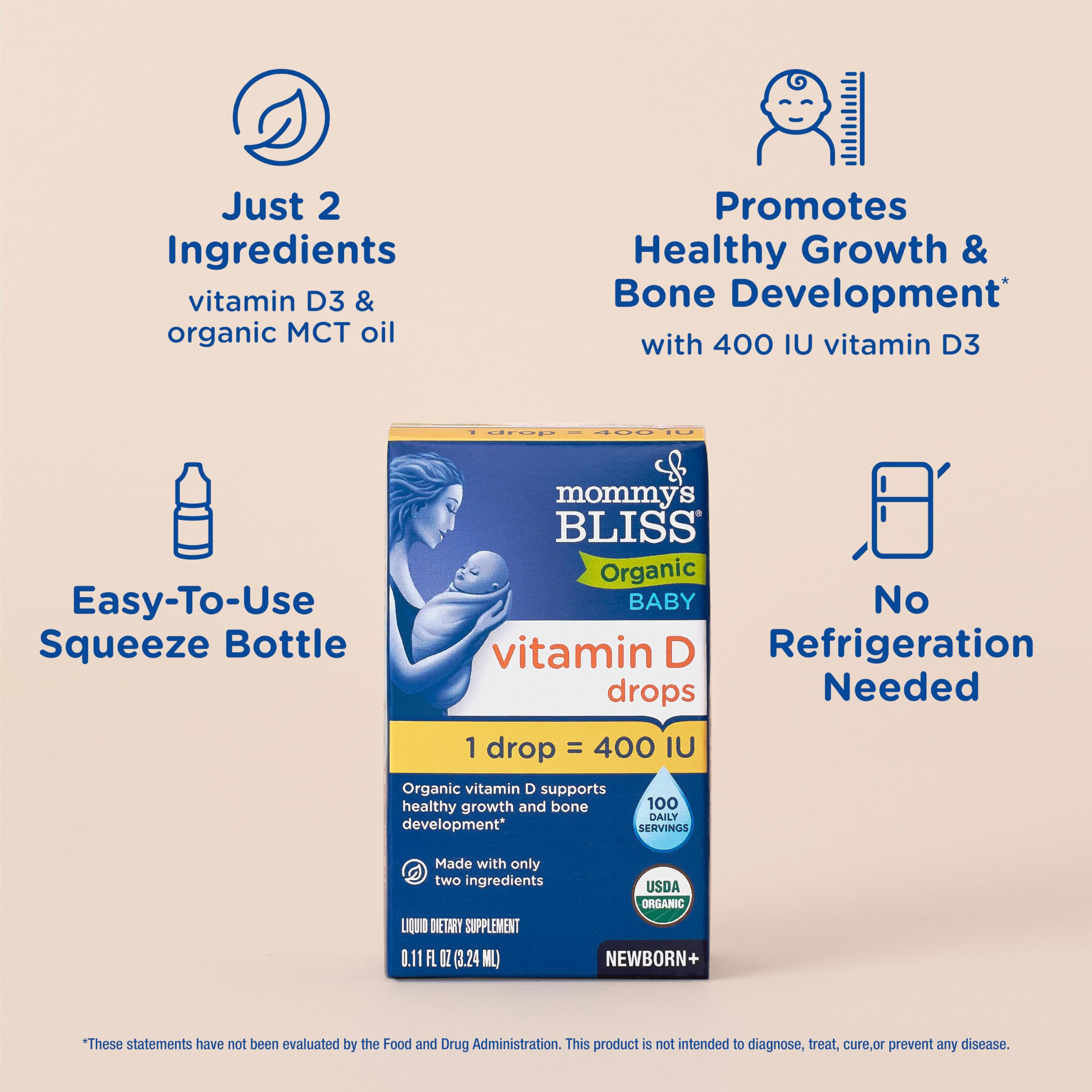 Mommy's Bliss etiqueta con sellos USDA y NSF, seguridad visible